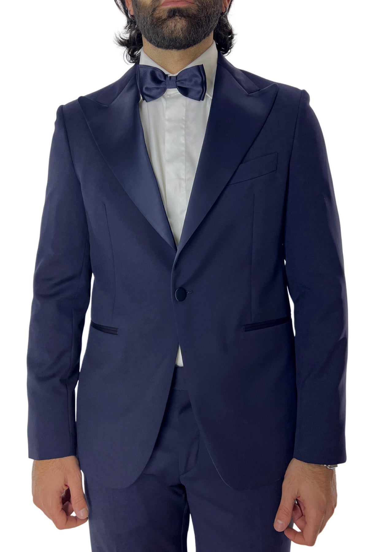 Giacca smoking da uomo monopetto blu navy rever a Lancia blu in fresco lana 100% Vitale Barberis Canonico