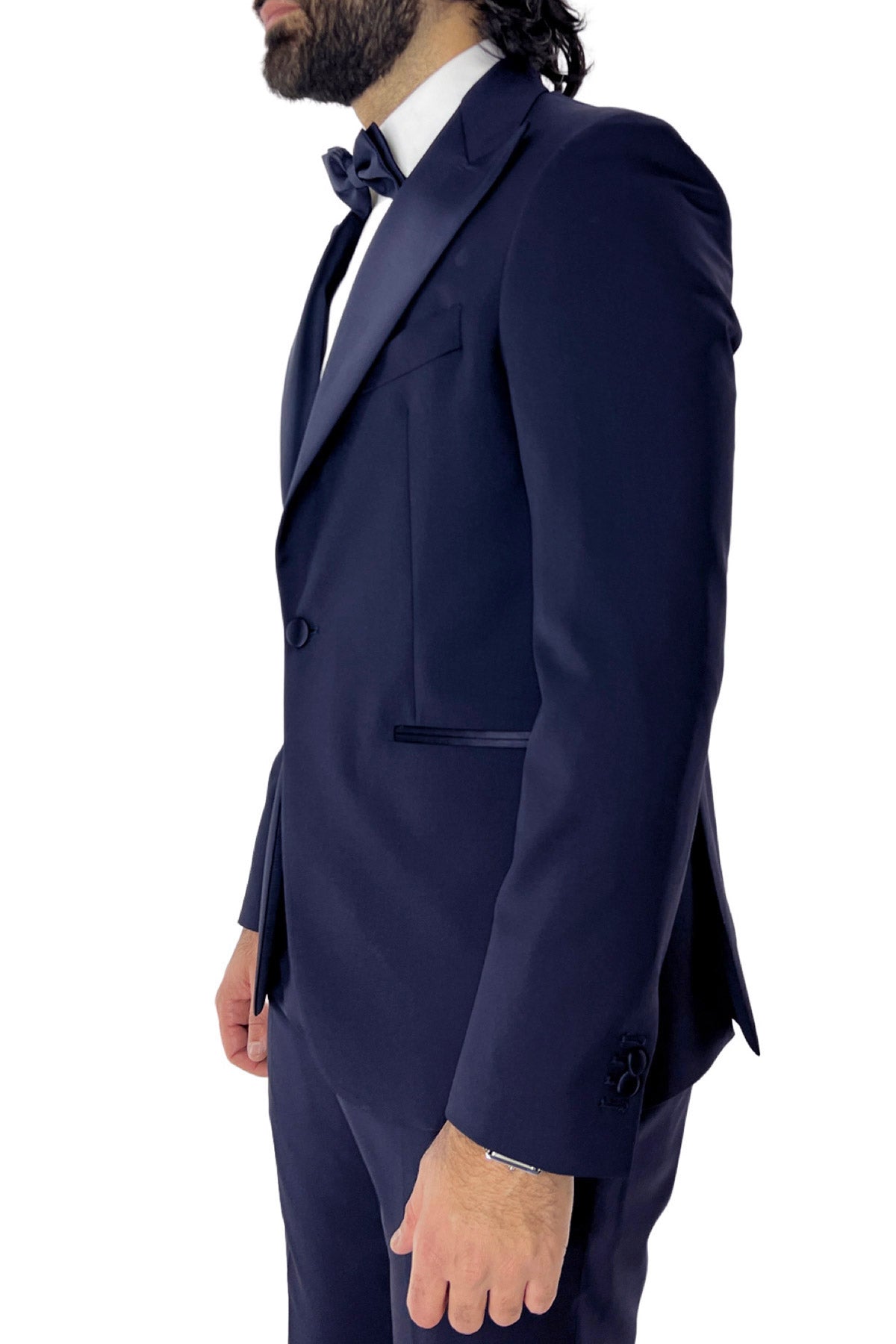 Abito smoking da uomo monopetto blu navy rever a Lancia blu in fresco lana 100% Vitale Barberis Canonico