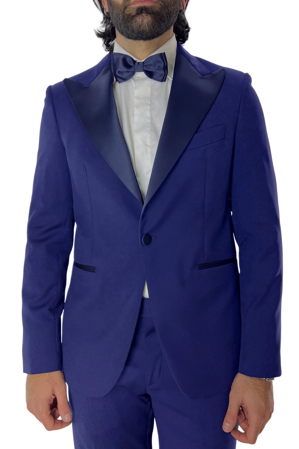 Giacca smoking da uomo monopetto royal blu rever a Lancia blu in fresco lana 100% Vitale Barberis Canonico