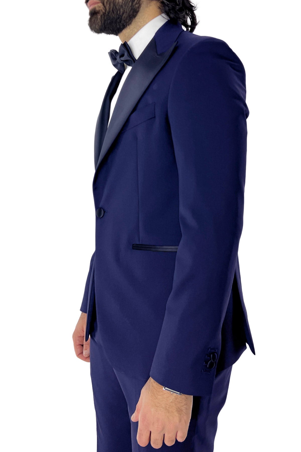 Giacca smoking da uomo monopetto royal blu rever a Lancia blu in fresco lana 100% Vitale Barberis Canonico