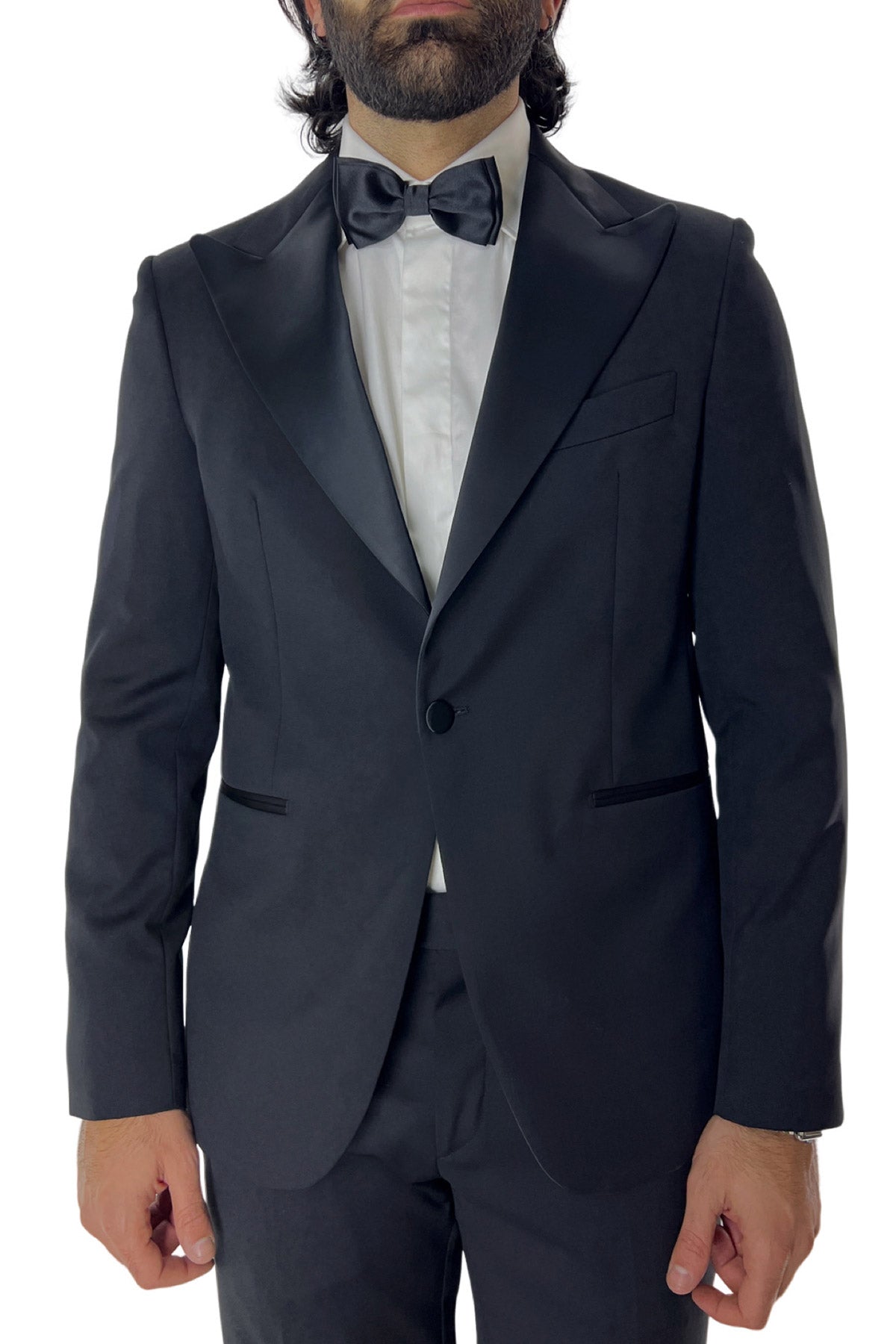 Giacca smoking da uomo monopetto nera rever a Lancia nero in fresco lana 100% Vitale Barberis Canonico