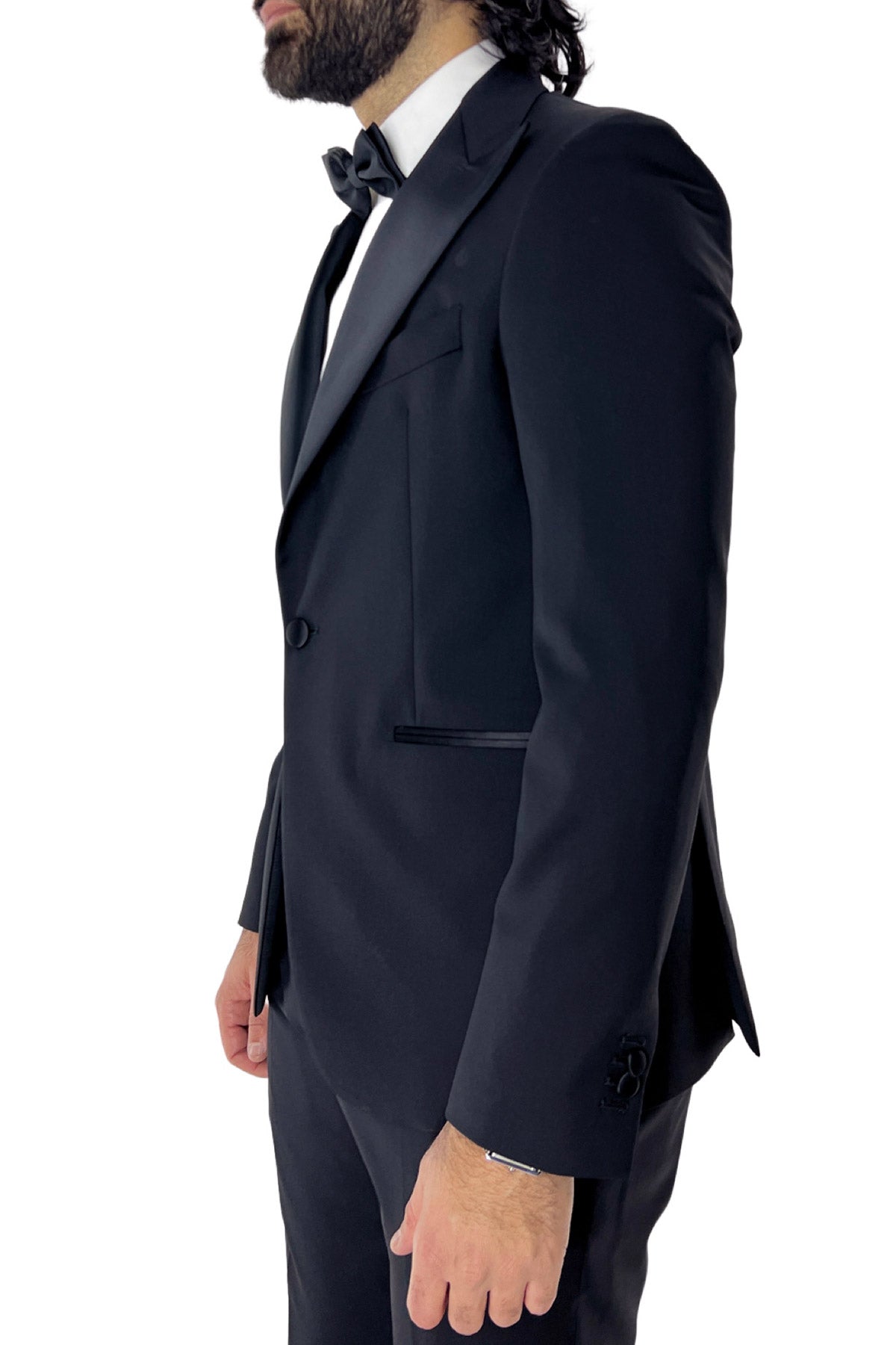 Giacca smoking da uomo monopetto nera rever a Lancia nero in fresco lana 100% Vitale Barberis Canonico