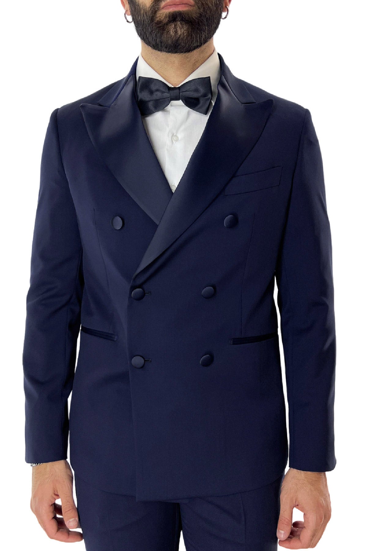 Abito smoking da uomo Doppiopetto blu navy rever a Lancia blu in fresco lana 100% Vitale Barberis Canonico