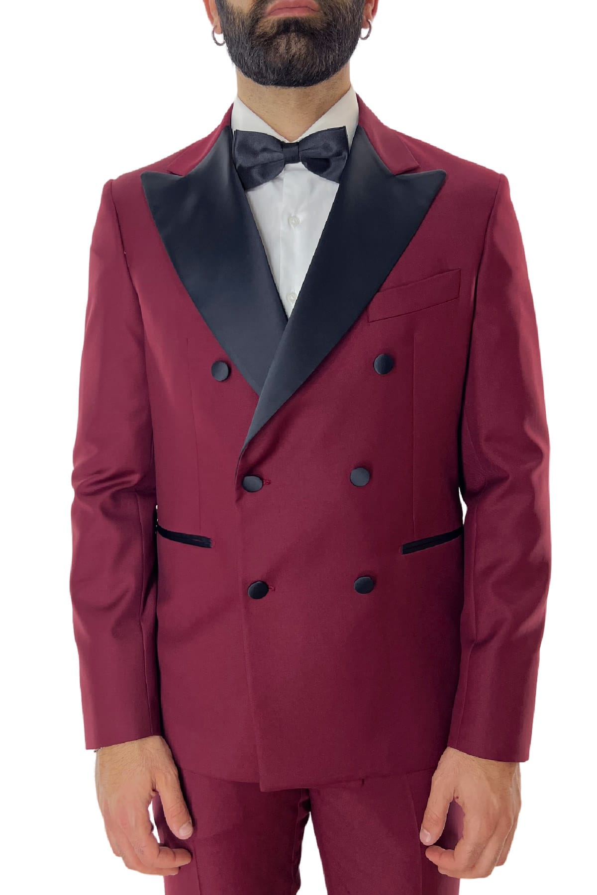 Giacca smoking da uomo Doppiopetto bordeaux rever a Lancia nero in fresco lana 100% Vitale Barberis Canonico