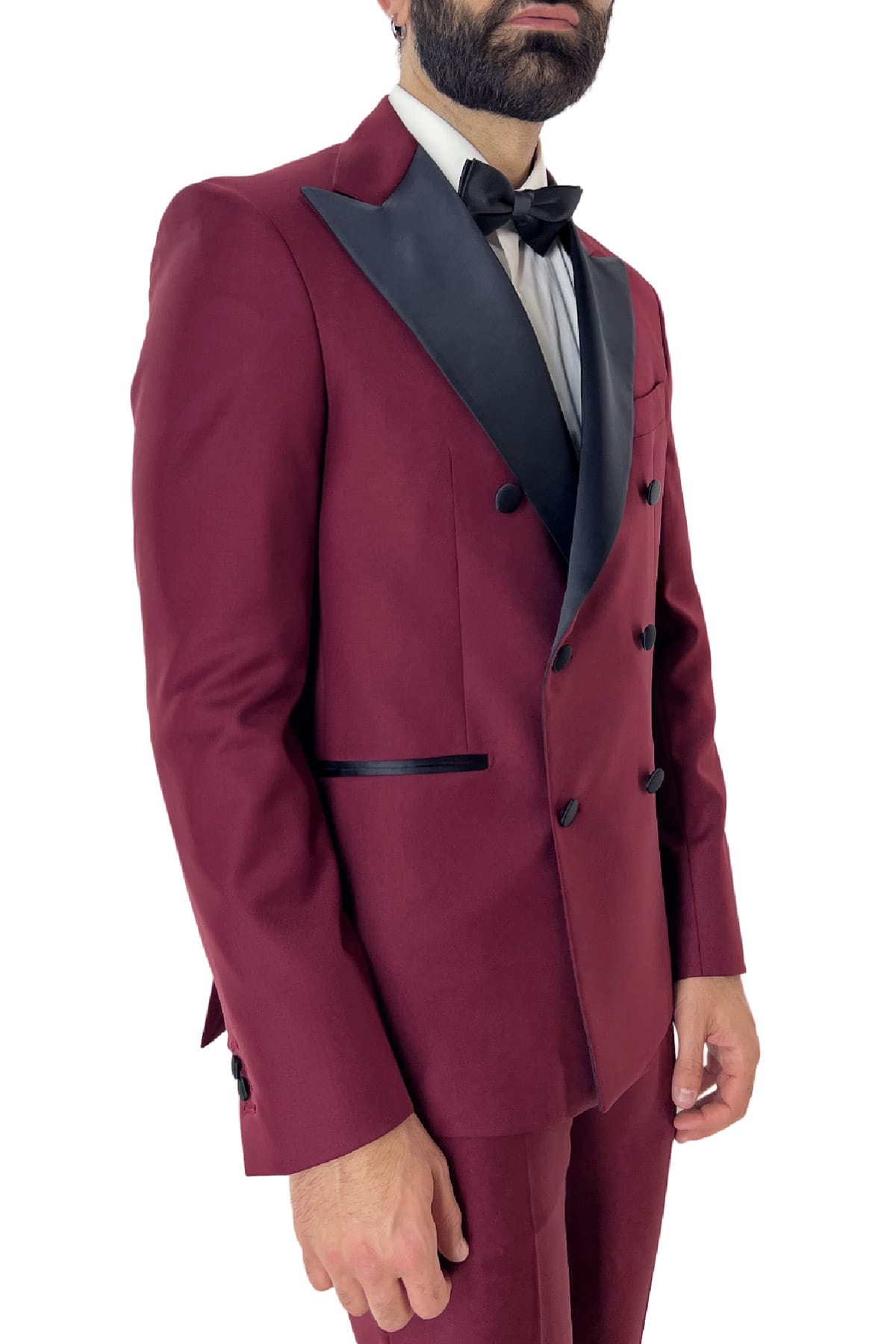 Abito smoking da uomo Doppiopetto bordeaux rever a Lancia nero in fresco lana 100% Vitale Barberis Canonico