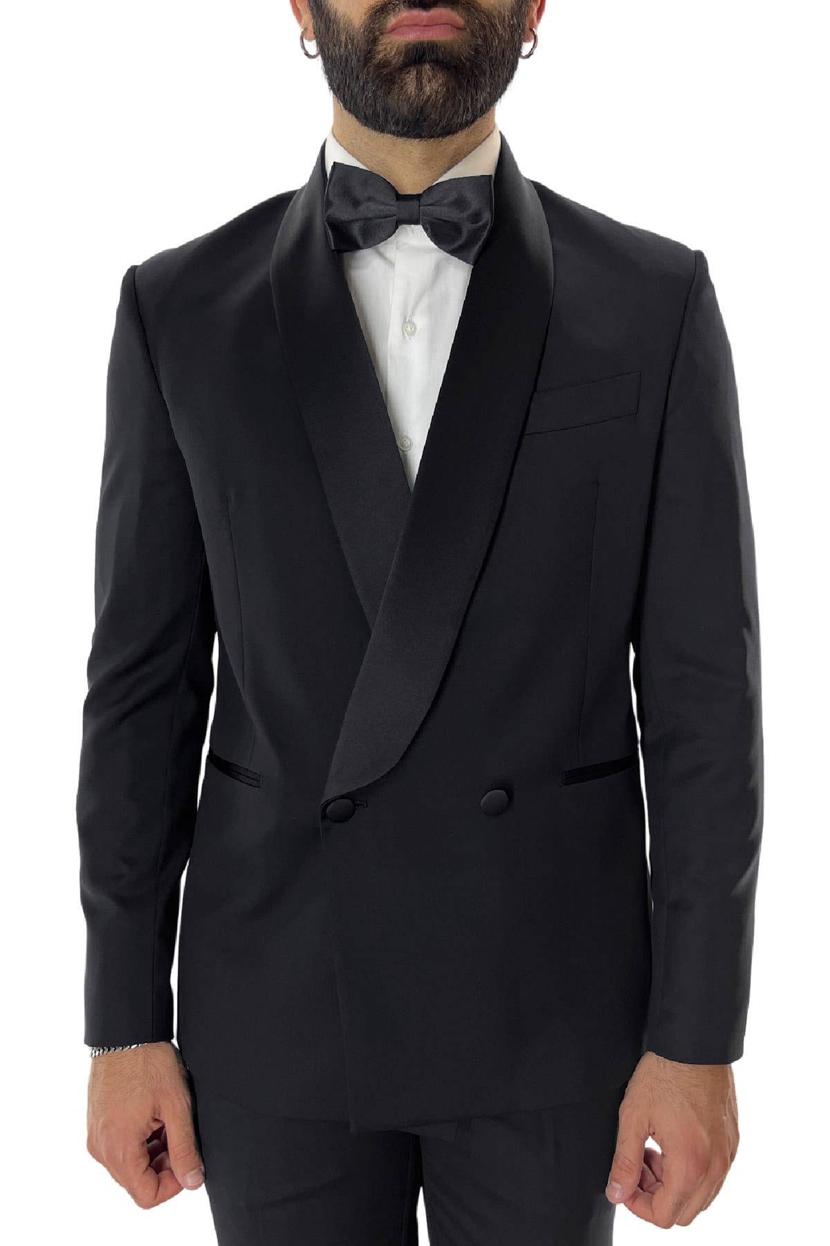Abito smoking da uomo Doppiopetto nera rever a scialle nero in fresco lana 100% Vitale Barberis Canonico