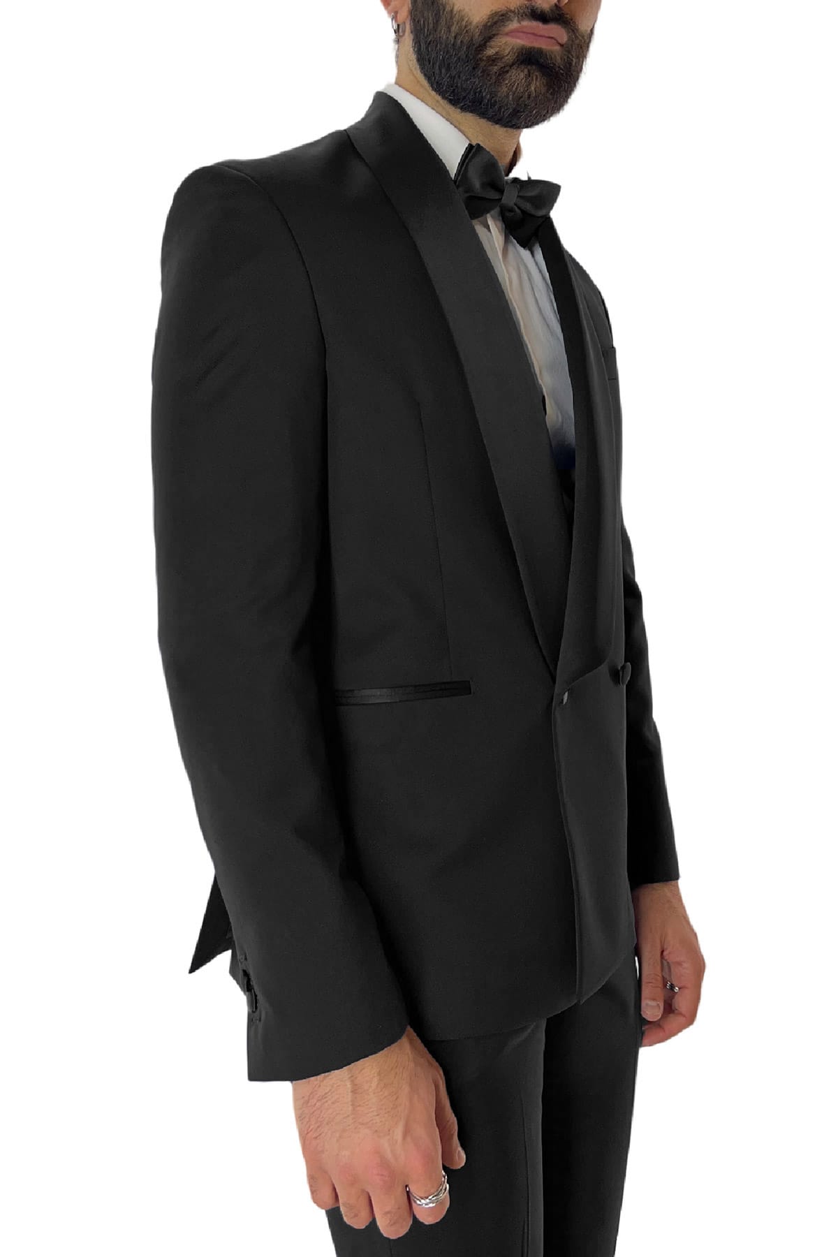 Abito smoking da uomo Doppiopetto nera rever a scialle nero in fresco lana 100% Vitale Barberis Canonico