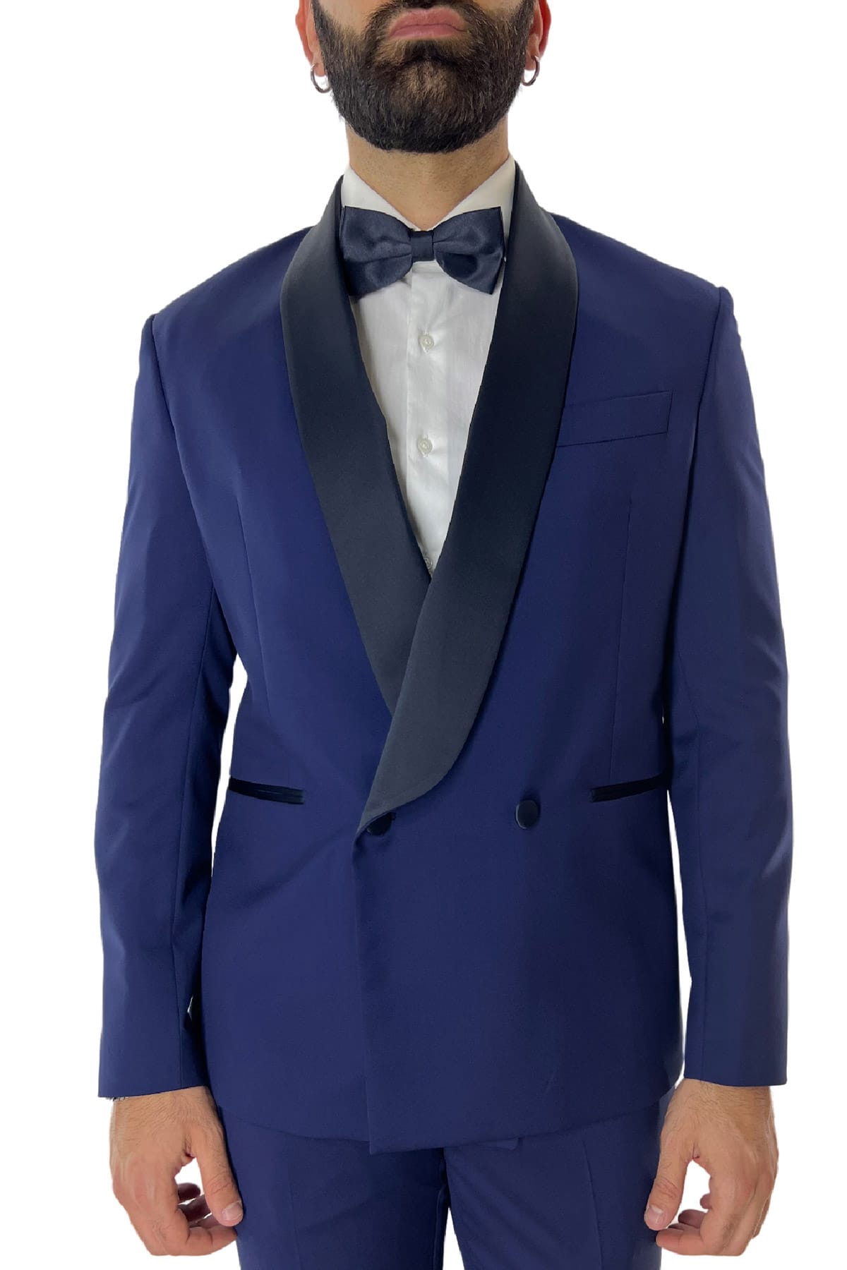 Giacca smoking da uomo Doppiopetto royal blu rever a scialle blu in fresco lana 100% Vitale Barberis Canonico