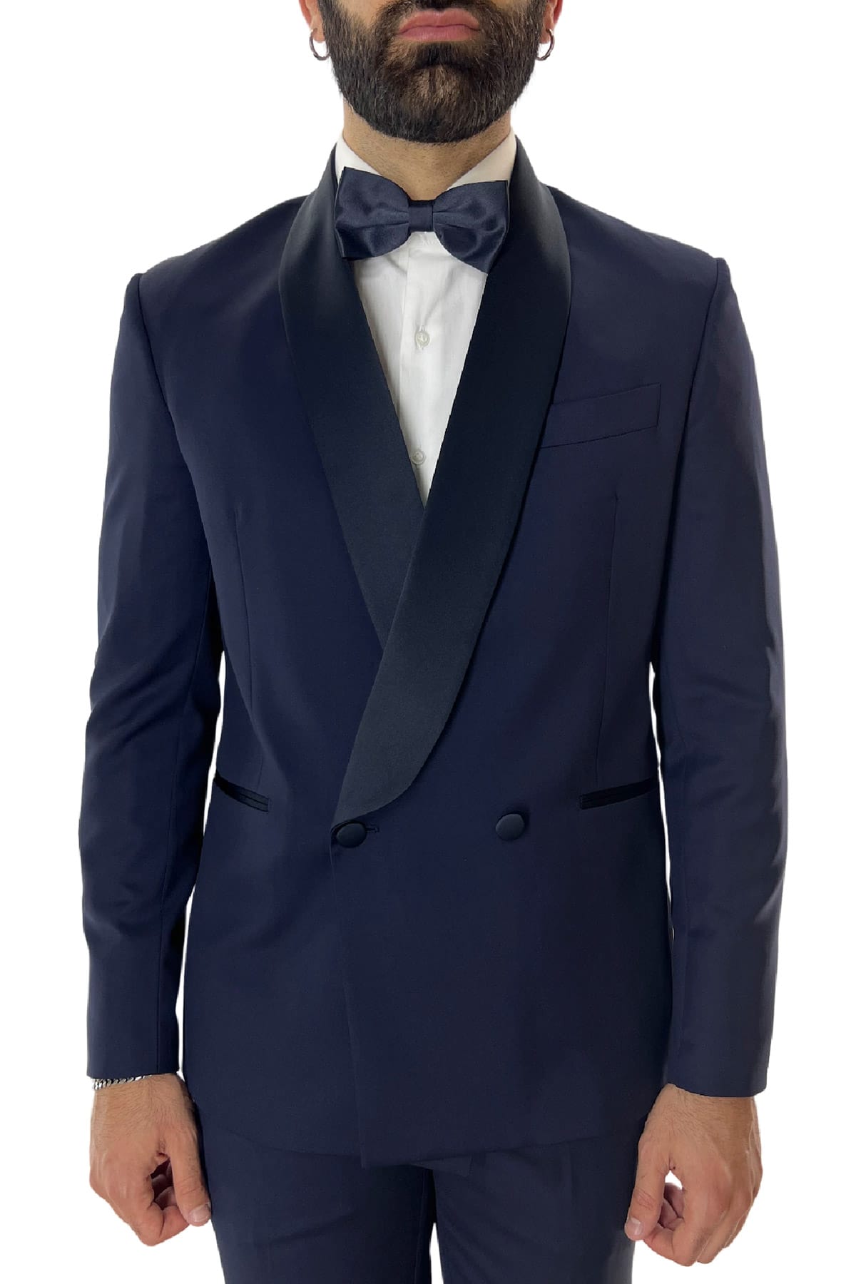 Giacca smoking da uomo Doppiopetto blu navy rever a scialle blu in fresco lana 100% Vitale Barberis Canonico