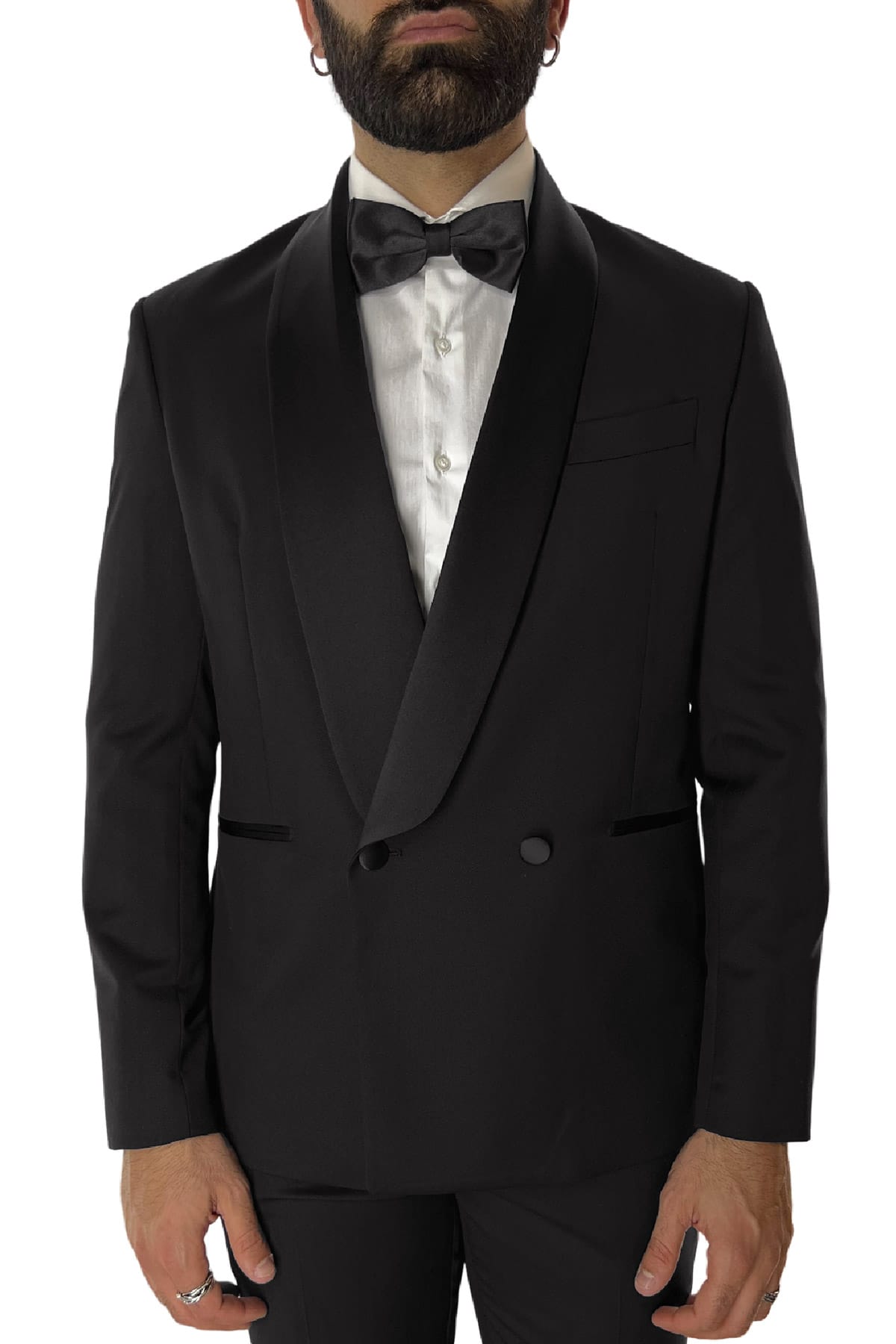 Giacca smoking da uomo Doppiopetto nera nido d'ape rever a scielle nero in fresco lana 100% Vitale Barberis Canonico