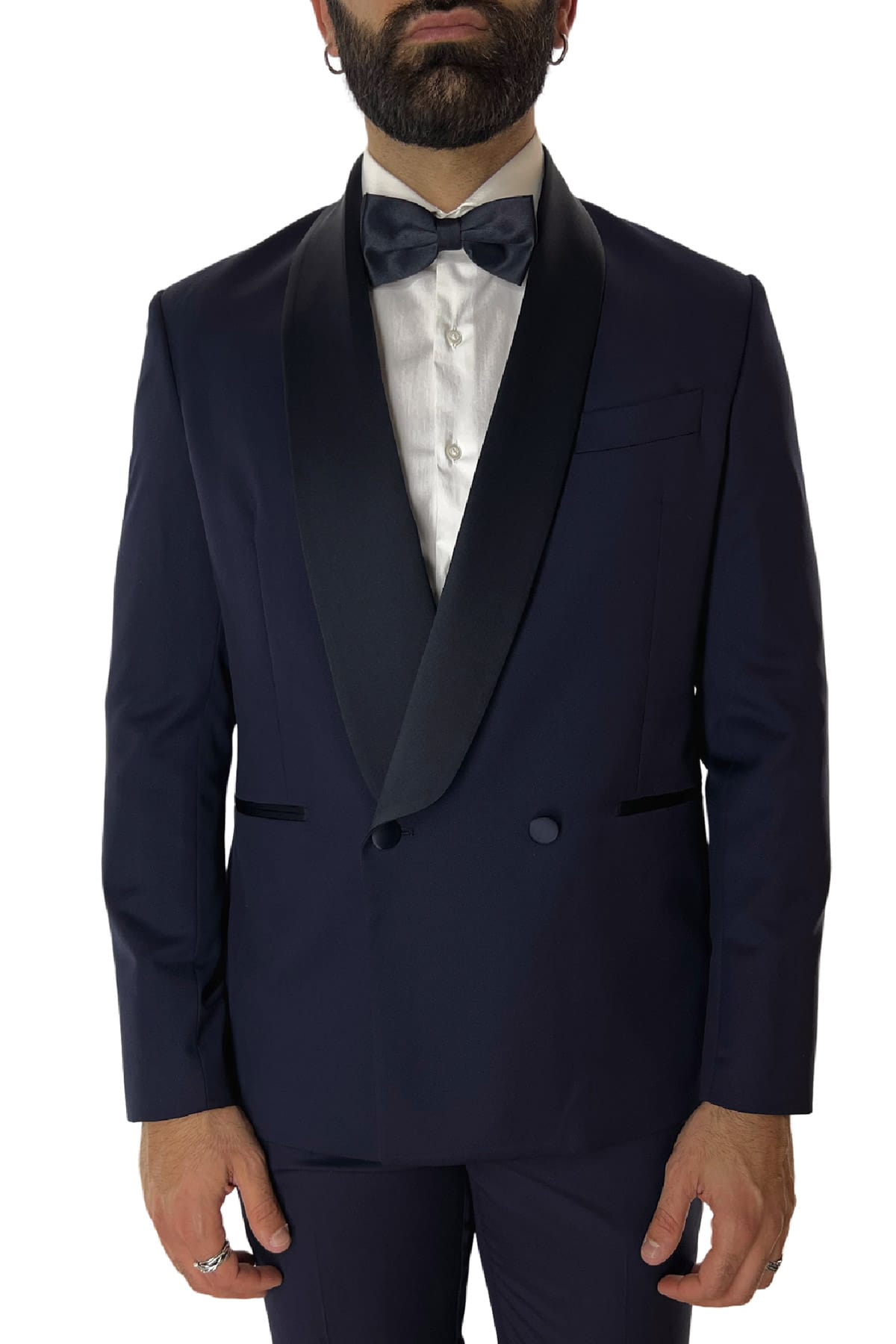 Giacca smoking da uomo Doppiopetto blu nido d'ape rever a scialle blu in fresco lana 100% Vitale Barberis Canonico