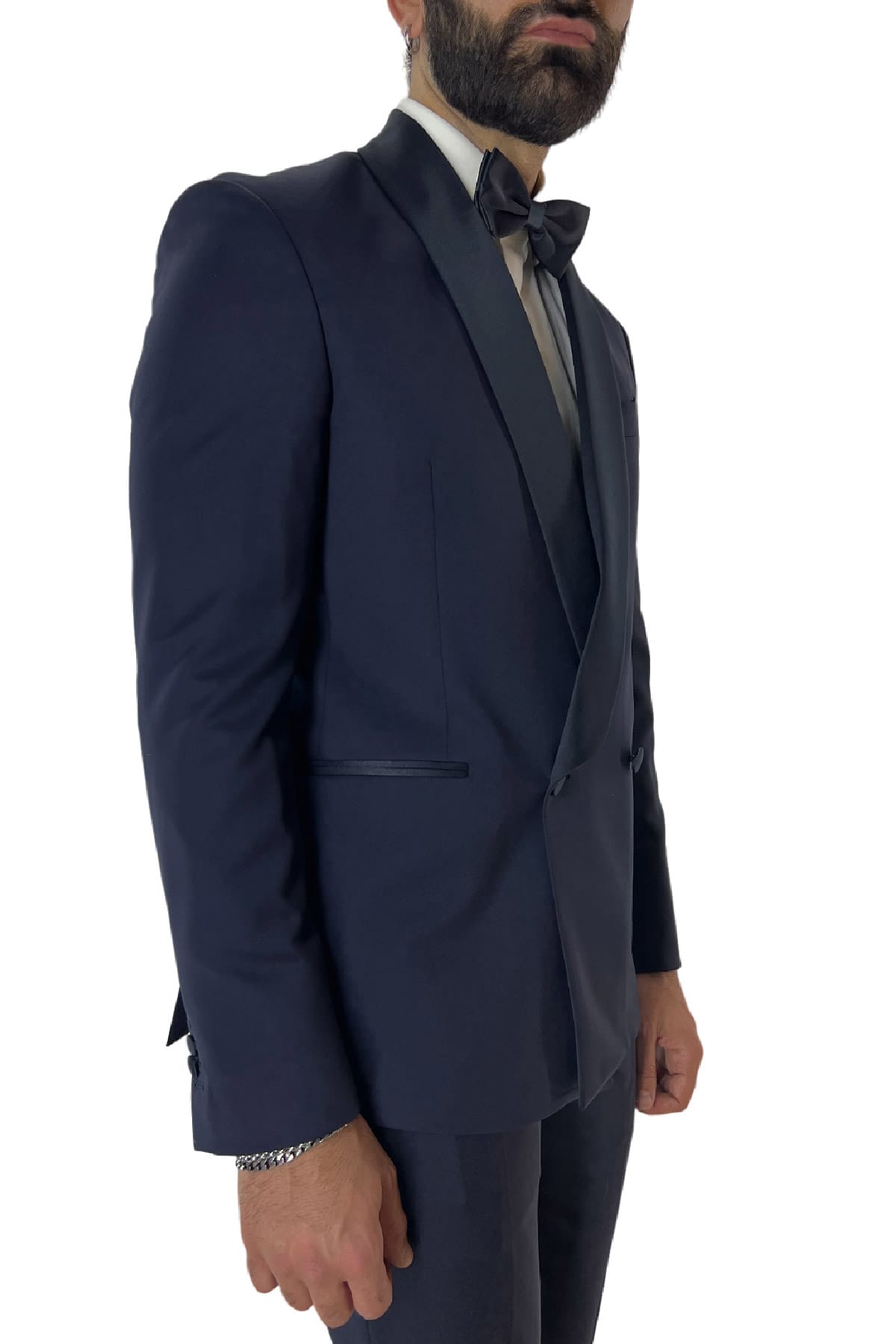 Abito smoking da uomo Doppiopetto blu nido d'ape rever a scialle blu in fresco lana 100% Vitale Barberis Canonico
