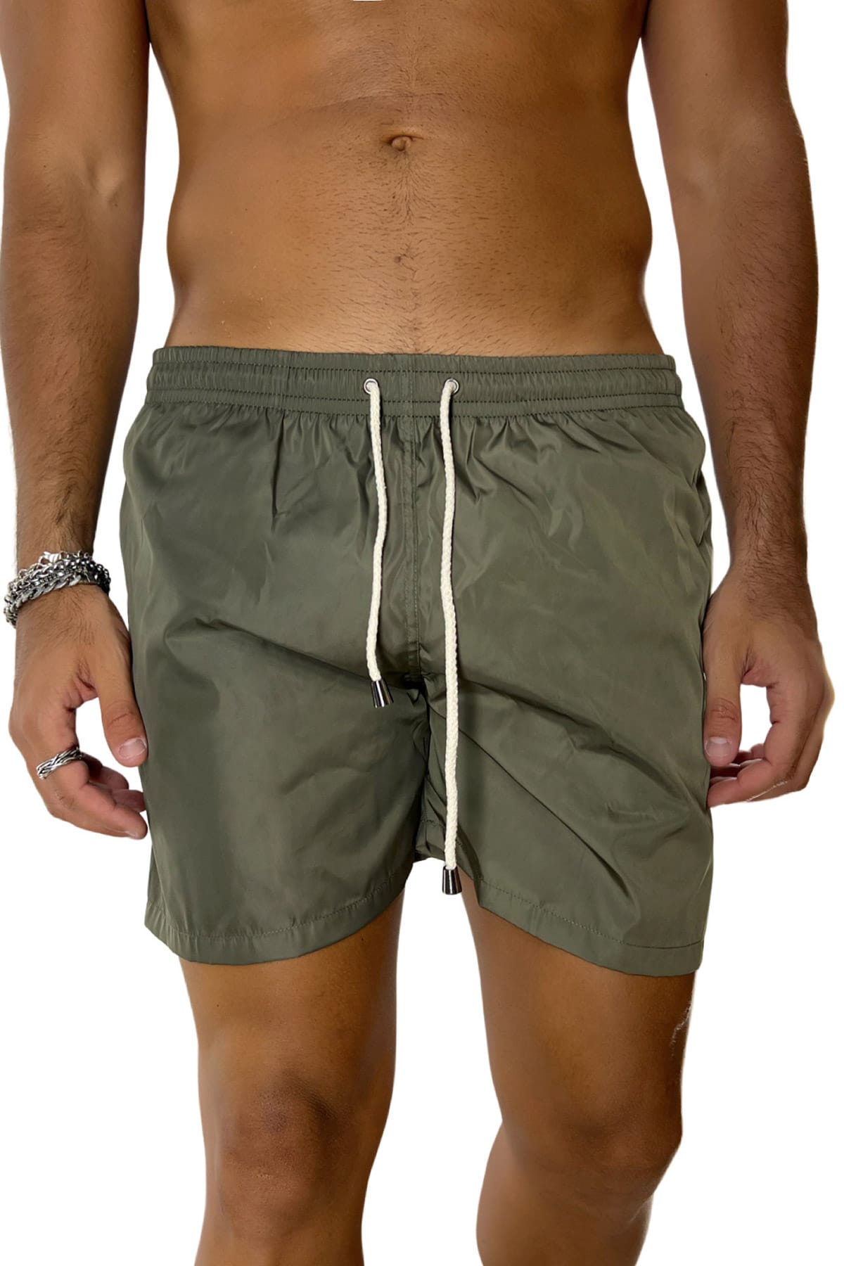 Costume da mare uomo verde militare tinta unita con tasche laterali a filo e laccio regolabile
