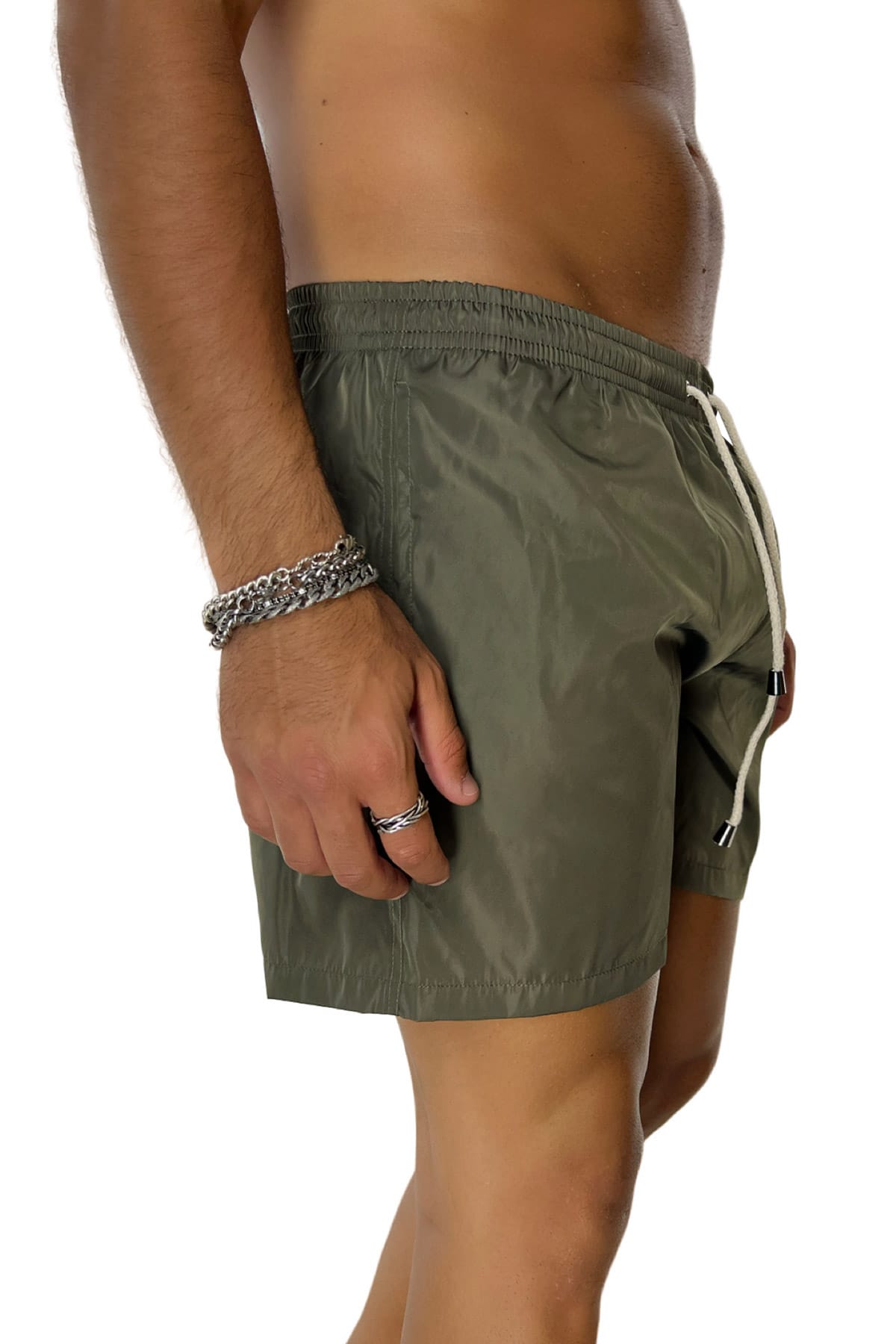 Costume da mare uomo verde militare tinta unita con tasche laterali a filo e laccio regolabile