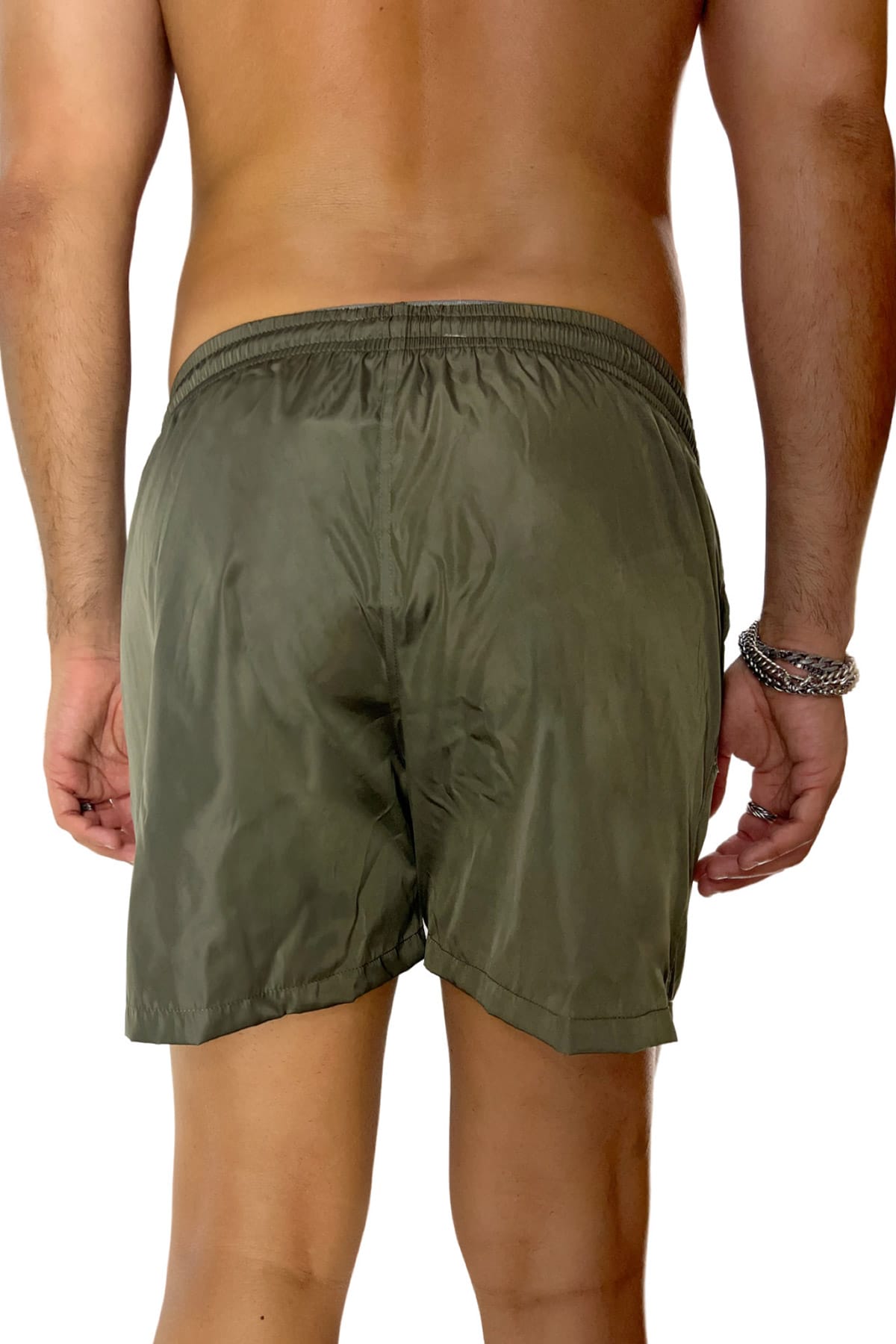 Costume da mare uomo verde militare tinta unita con tasche laterali a filo e laccio regolabile