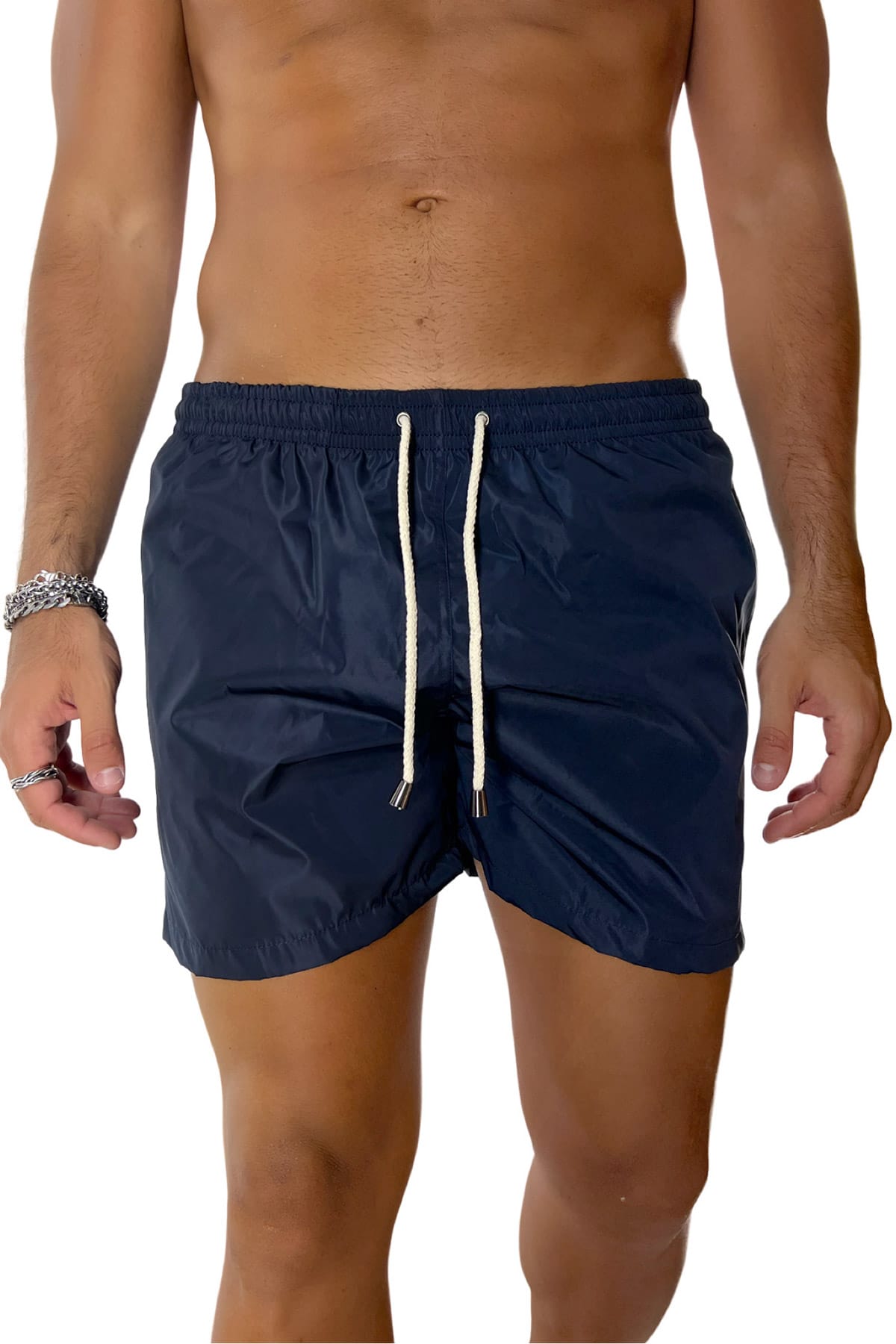 Costume da mare uomo blu tinta unita con tasche laterali a filo e laccio regolabile