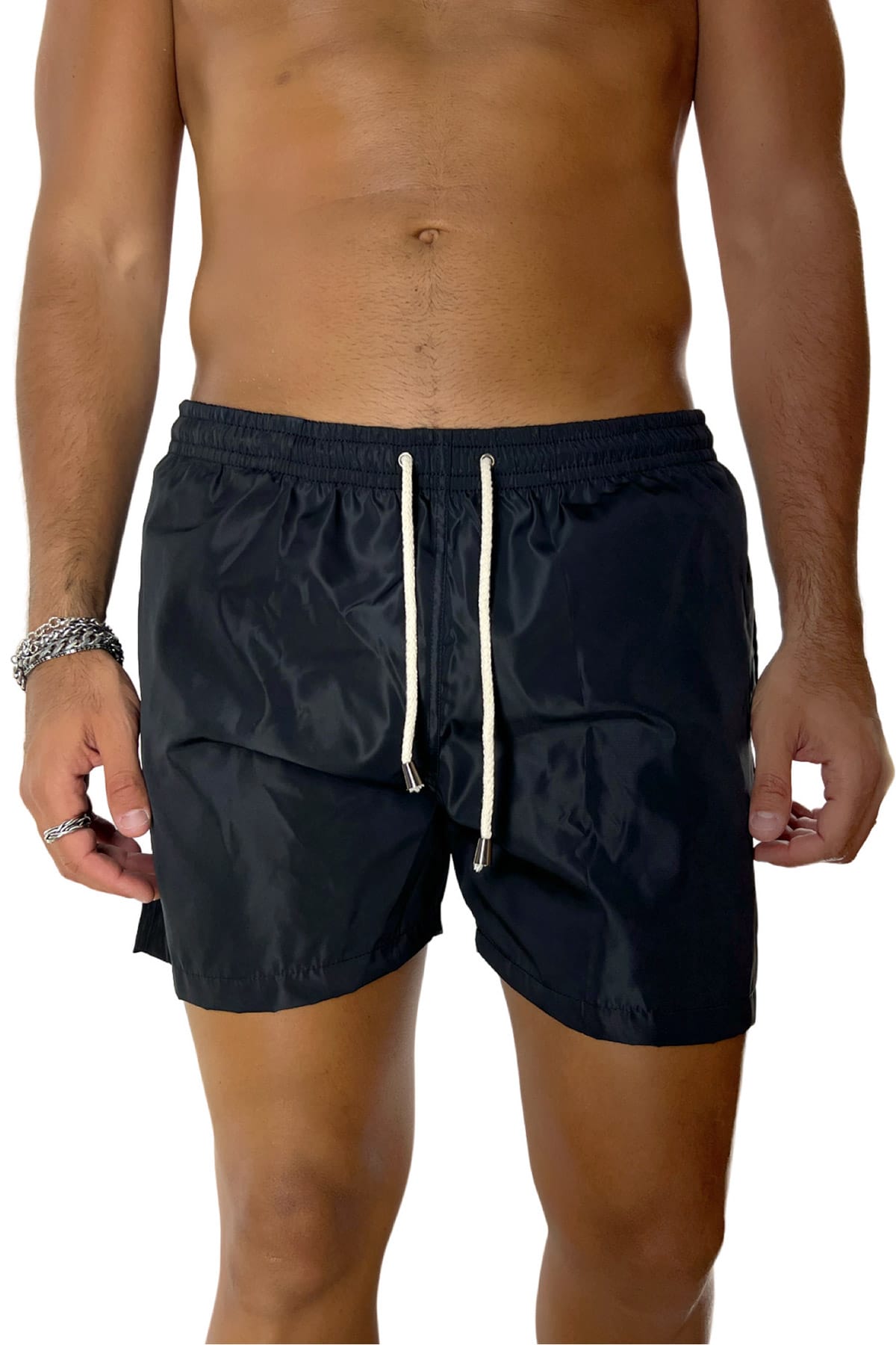 Costume da mare uomo nero tinta unita con tasche laterali a filo e laccio regolabile