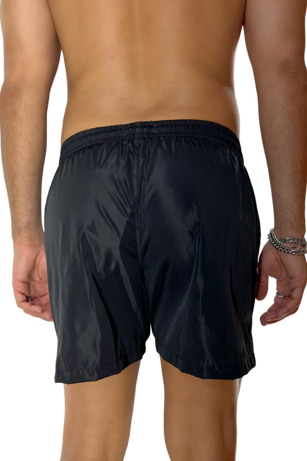 Costume da mare uomo nero tinta unita con tasche laterali a filo e laccio regolabile