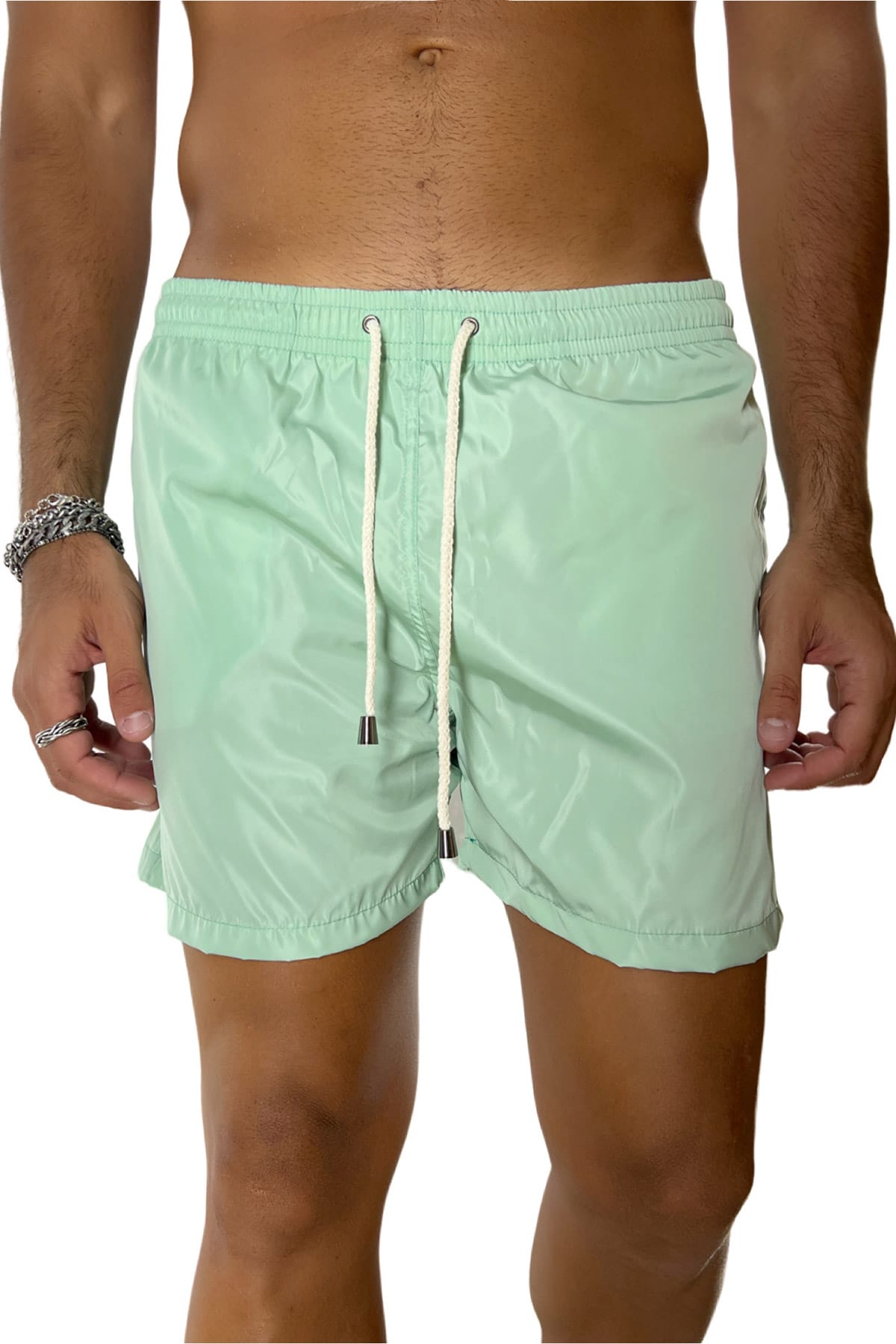 Costume da mare uomo verde chiaro tinta unita con tasche laterali a filo e laccio regolabile