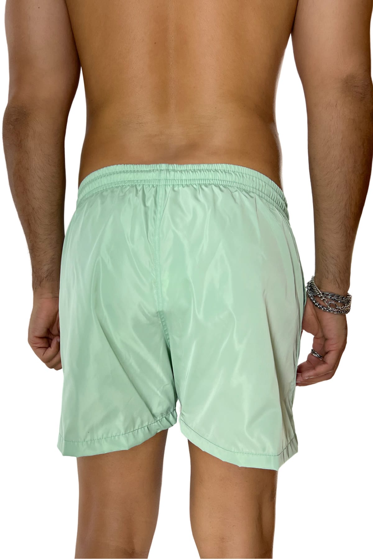 Costume da mare uomo verde chiaro tinta unita con tasche laterali a filo e laccio regolabile