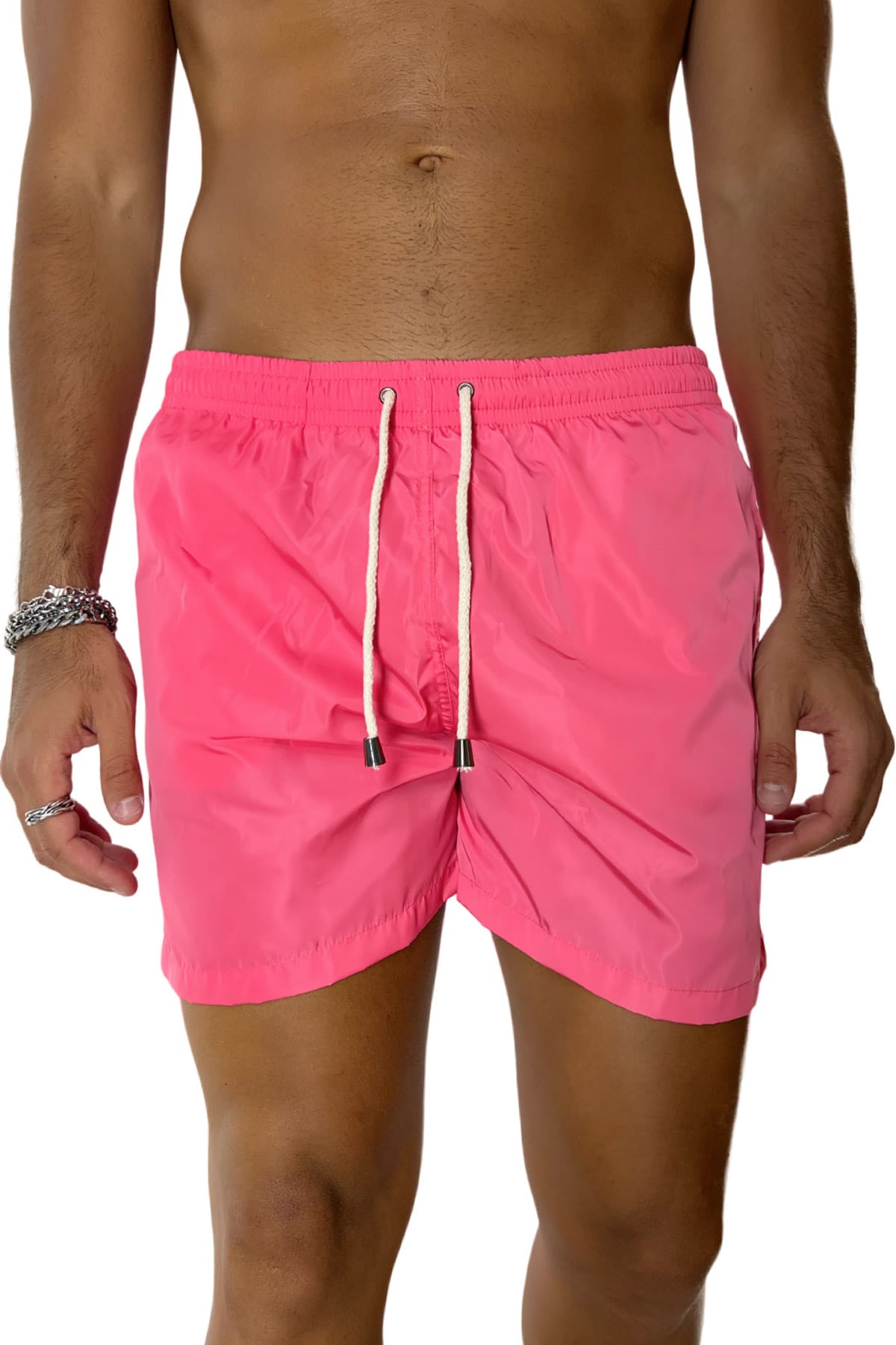 Costume da mare uomo fuxia tinta unita con tasche laterali a filo e laccio regolabile
