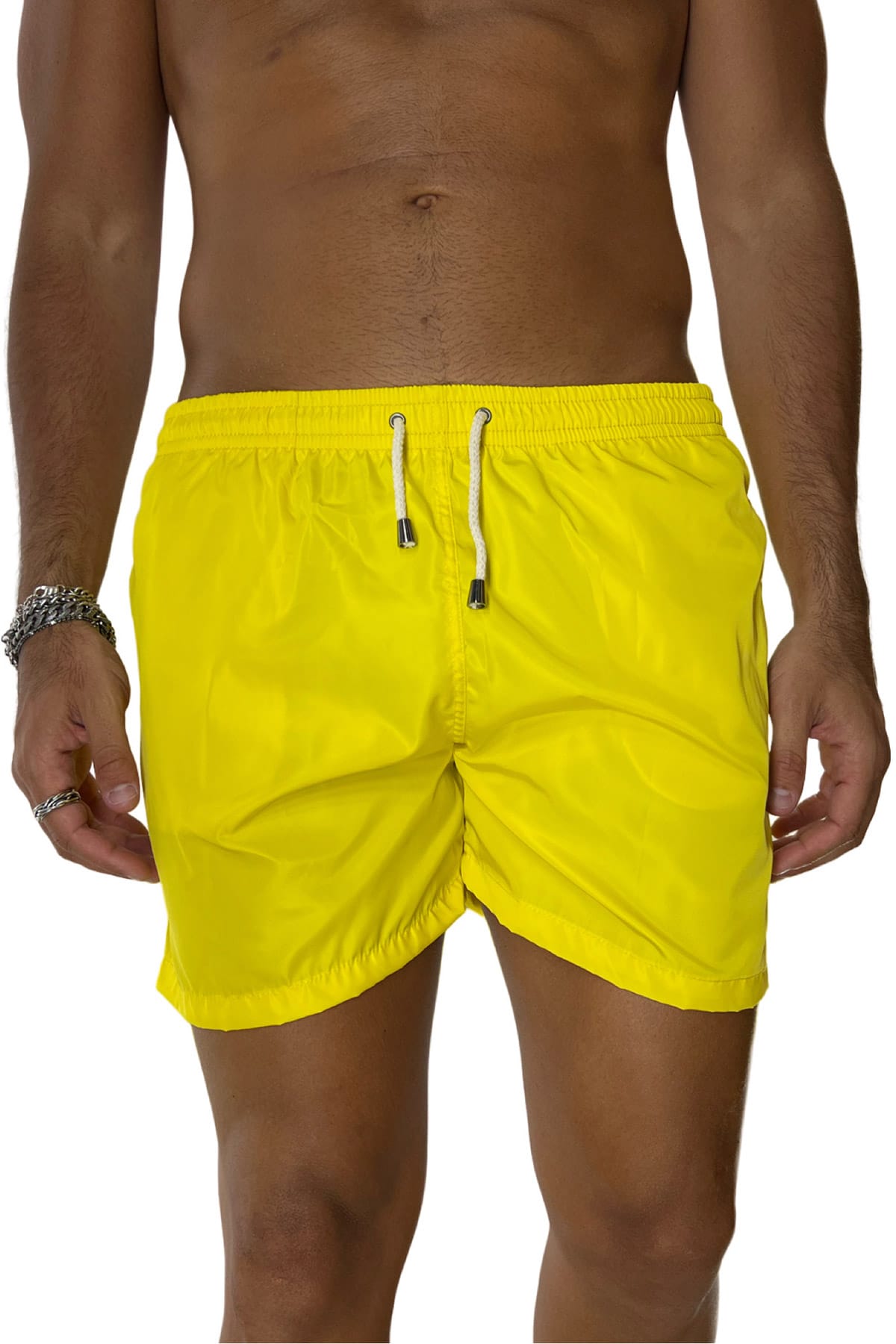 Costume da mare uomo giallo tinta unita con tasche laterali a filo e laccio regolabile