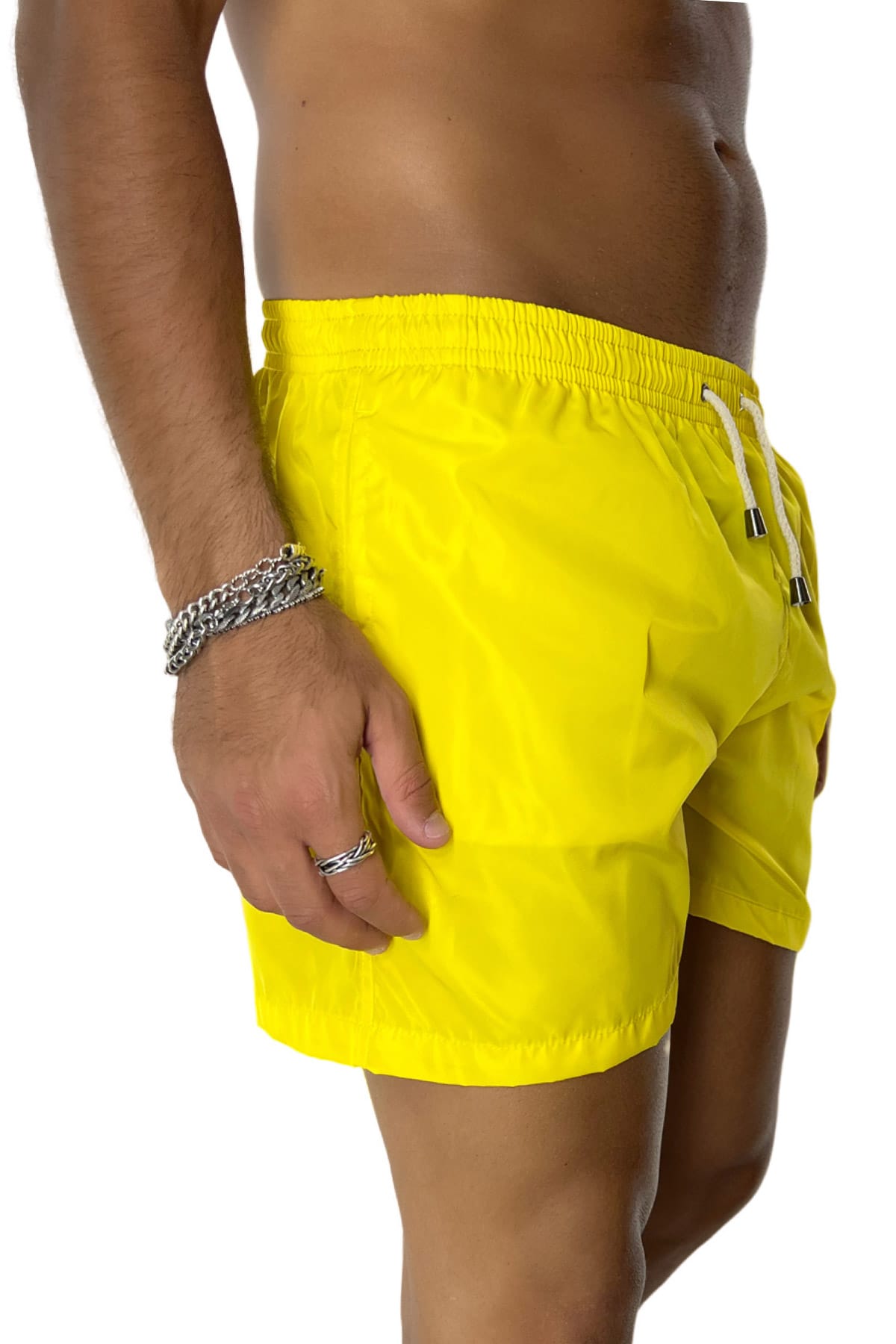 Costume da mare uomo giallo tinta unita con tasche laterali a filo e laccio regolabile