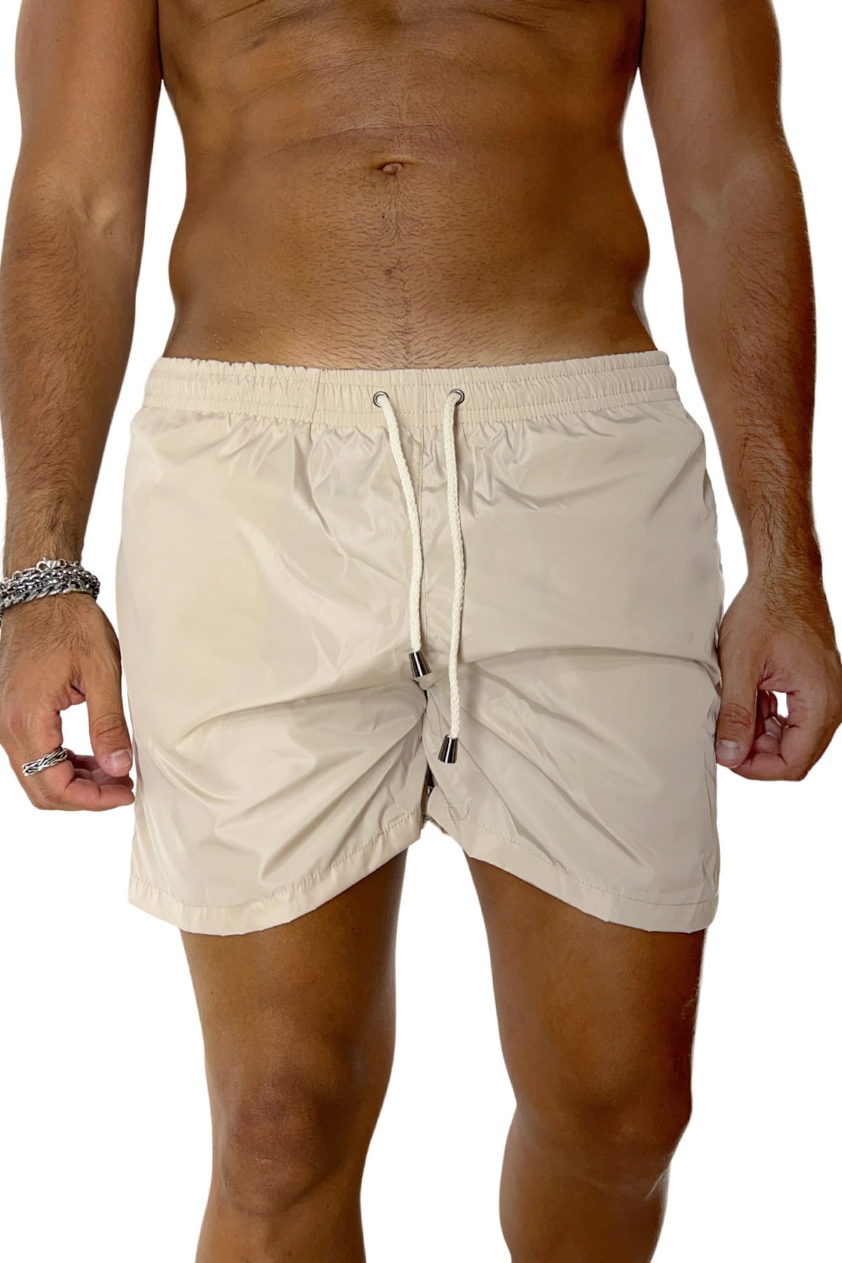 Costume da mare uomo beige tinta unita con tasche laterali a filo e laccio regolabile