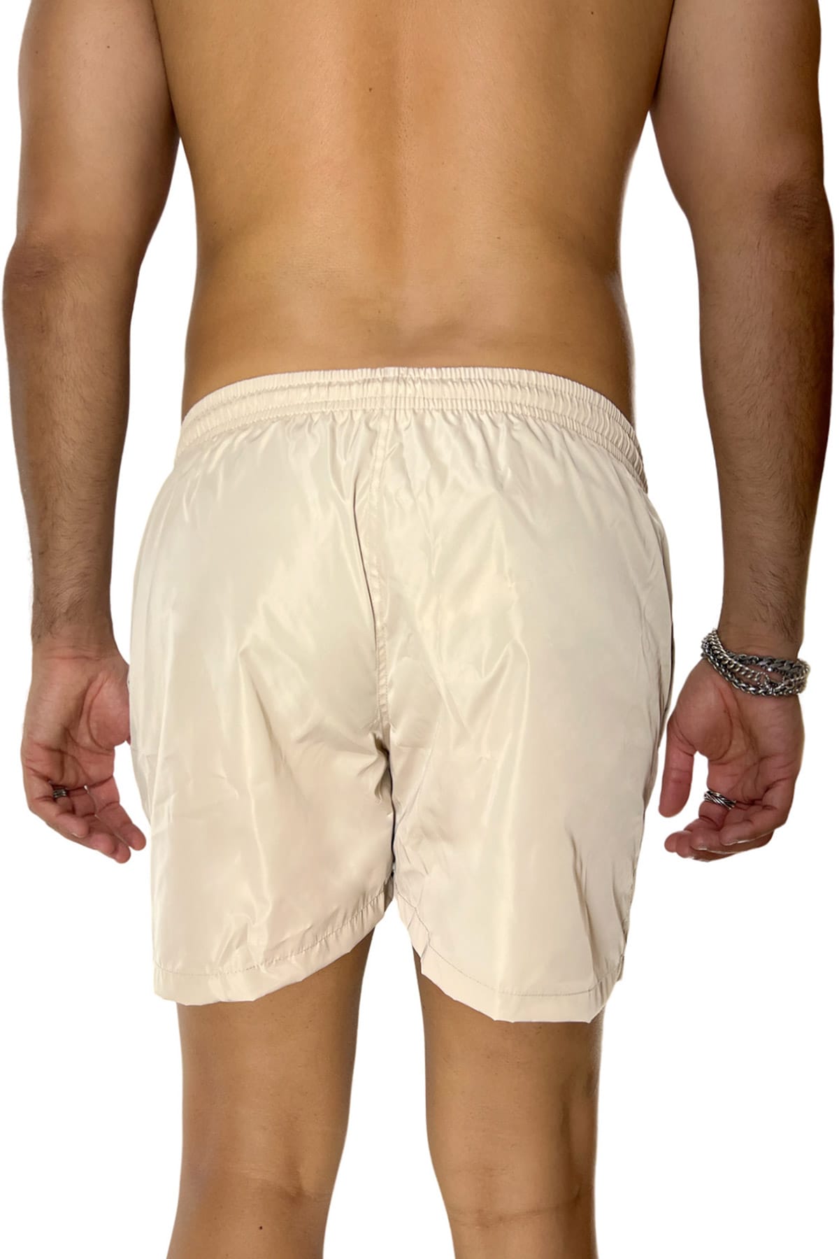 Costume da mare uomo beige tinta unita con tasche laterali a filo e laccio regolabile