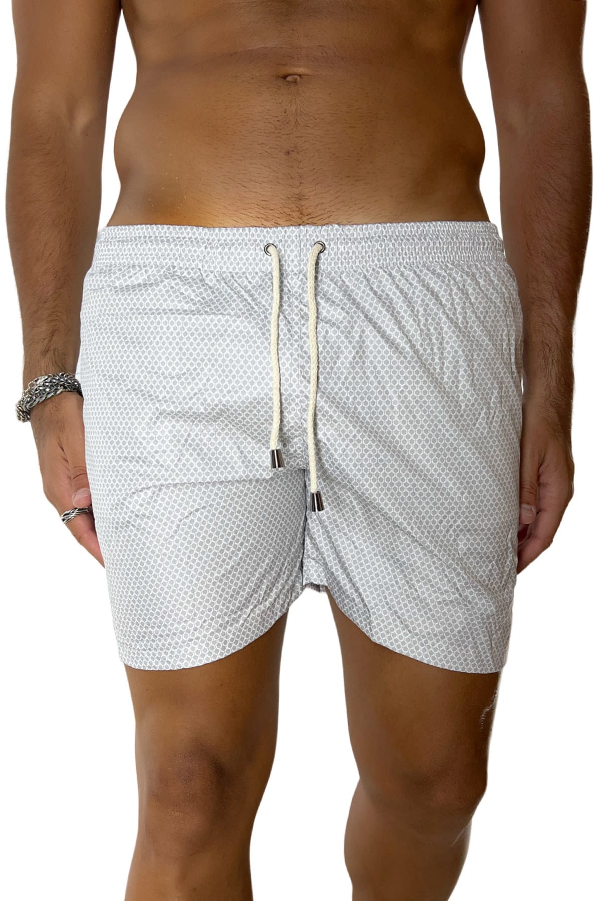 Costume da mare uomo grigio fantasia esagonale con tasche laterali a filo e laccio regolabile
