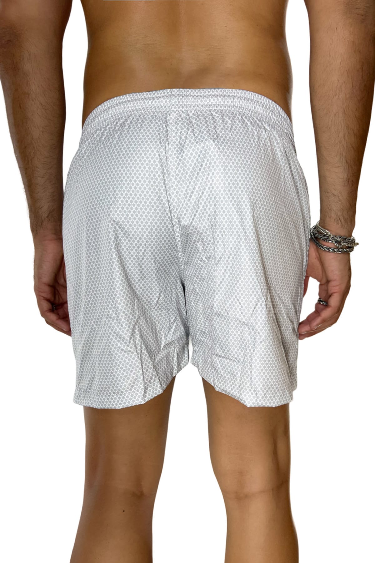 Costume da mare uomo grigio fantasia esagonale con tasche laterali a filo e laccio regolabile