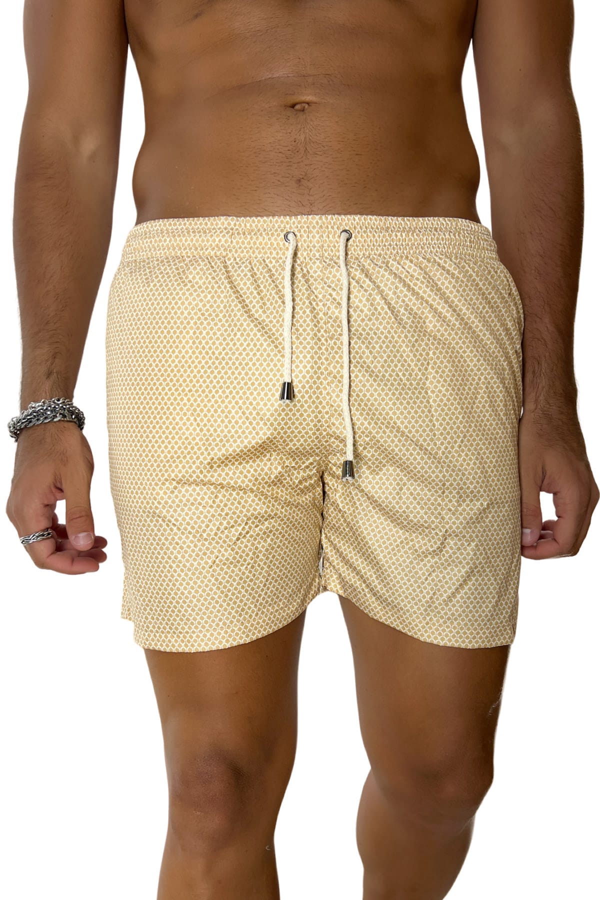Costume da mare uomo beige fantasia esagonale con tasche laterali a filo e laccio regolabile