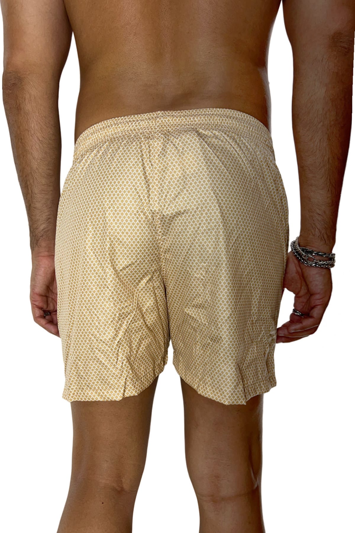 Costume da mare uomo beige fantasia esagonale con tasche laterali a filo e laccio regolabile