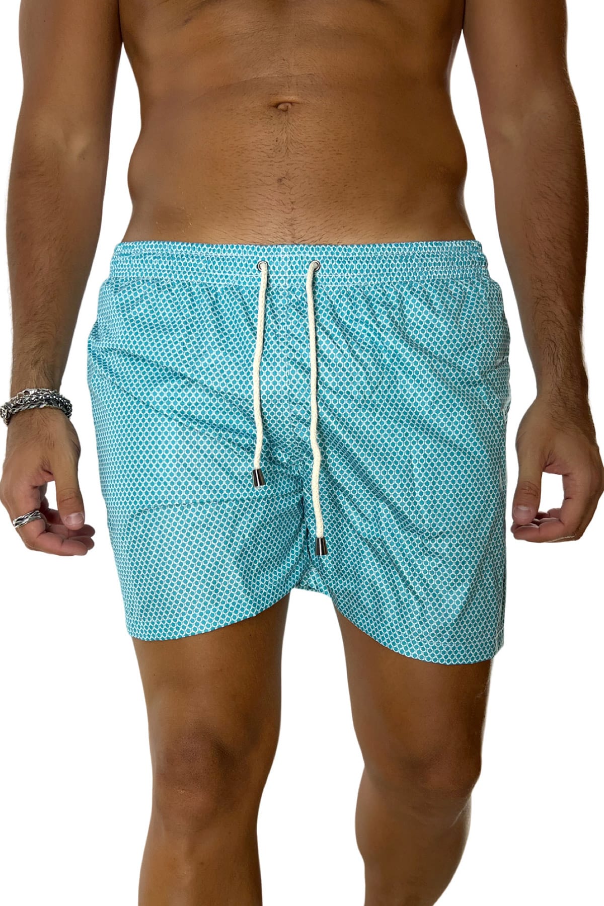Costume da mare uomo azzurro fantasia esagonale con tasche laterali a filo e laccio regolabile