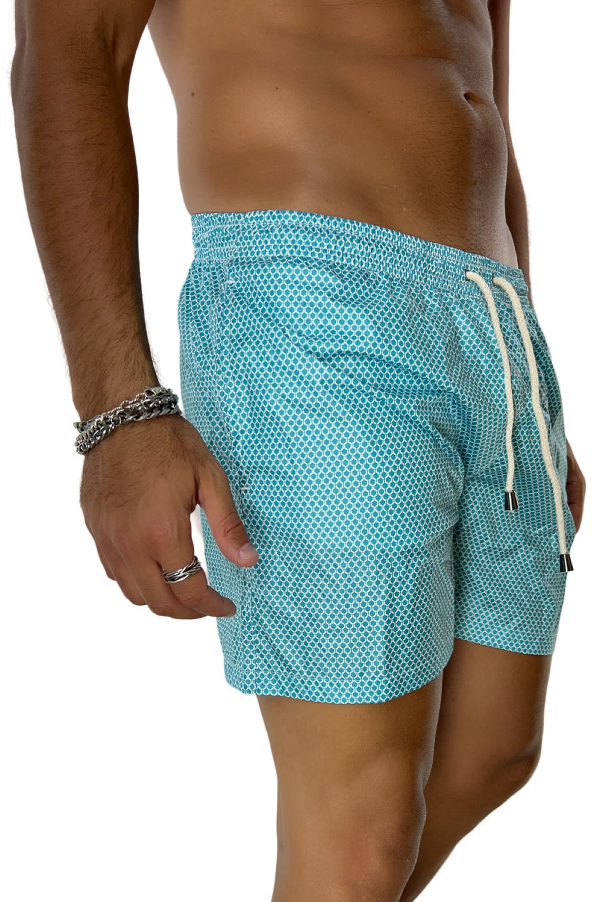 Costume da mare uomo azzurro fantasia esagonale con tasche laterali a filo e laccio regolabile
