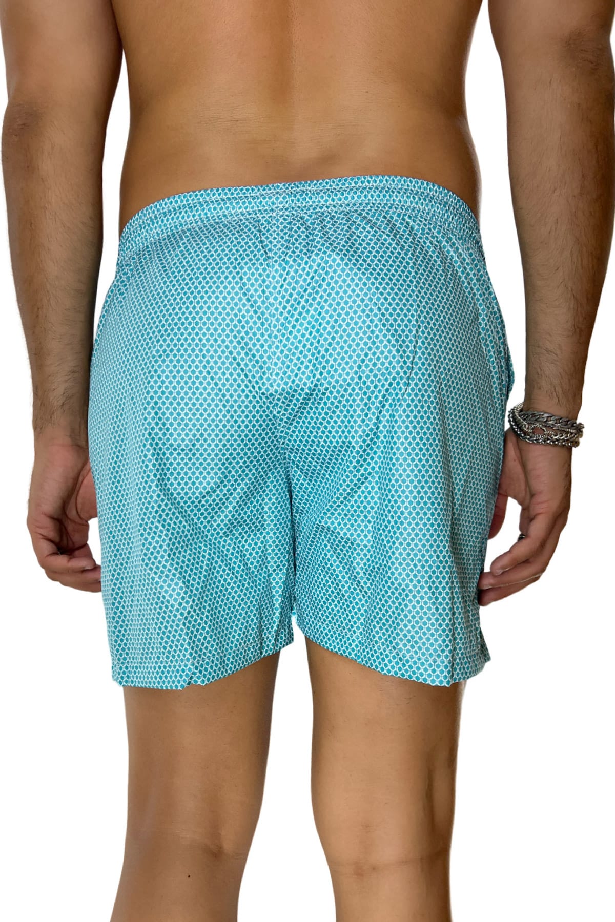 Costume da mare uomo azzurro fantasia esagonale con tasche laterali a filo e laccio regolabile