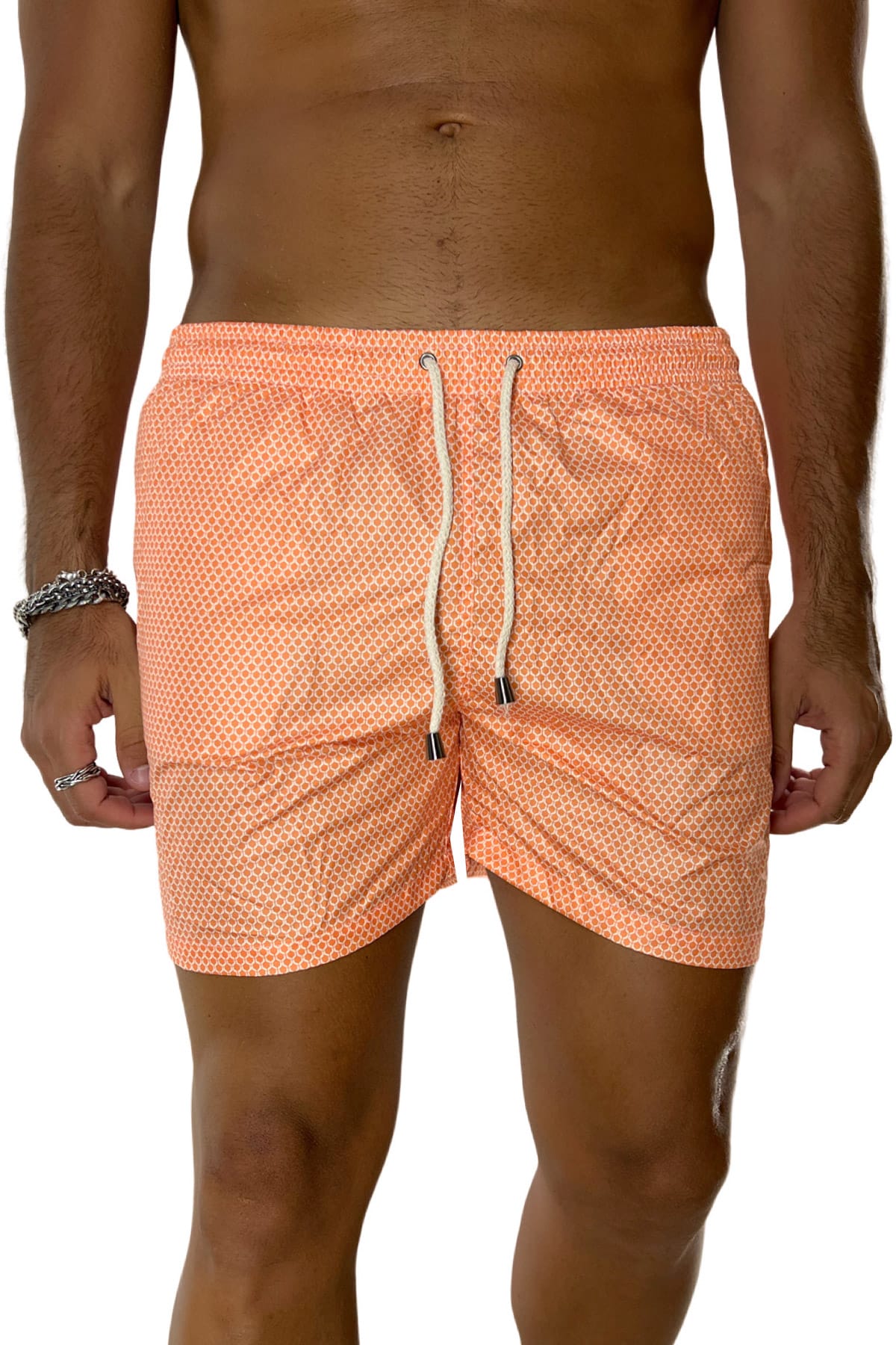 Costume da mare uomo arancio fantasia esagonale con tasche laterali a filo e laccio regolabile