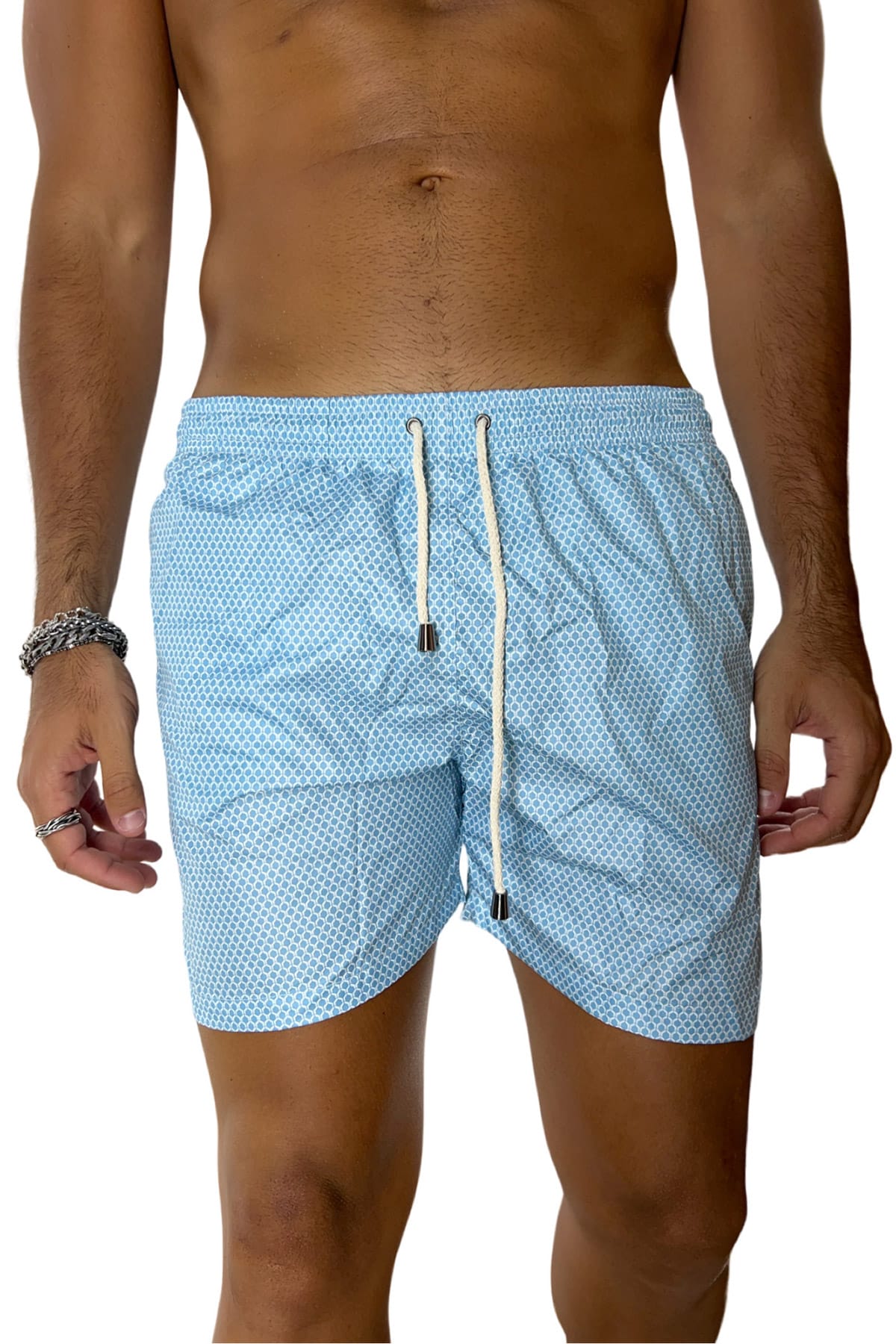 Costume da mare uomo celeste fantasia esagonale con tasche laterali a filo e laccio regolabile