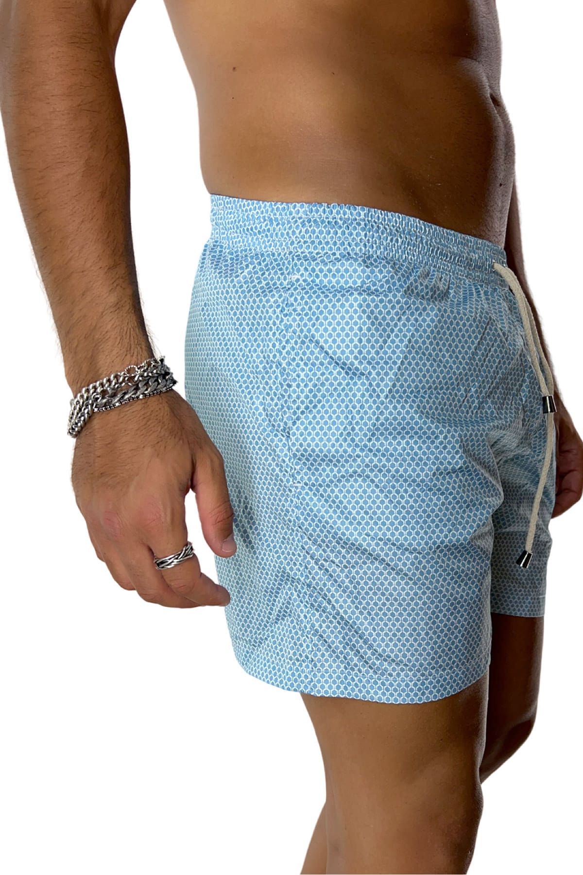 Costume da mare uomo celeste fantasia esagonale con tasche laterali a filo e laccio regolabile