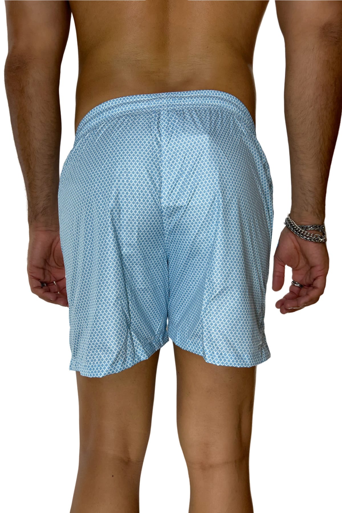 Costume da mare uomo celeste fantasia esagonale con tasche laterali a filo e laccio regolabile