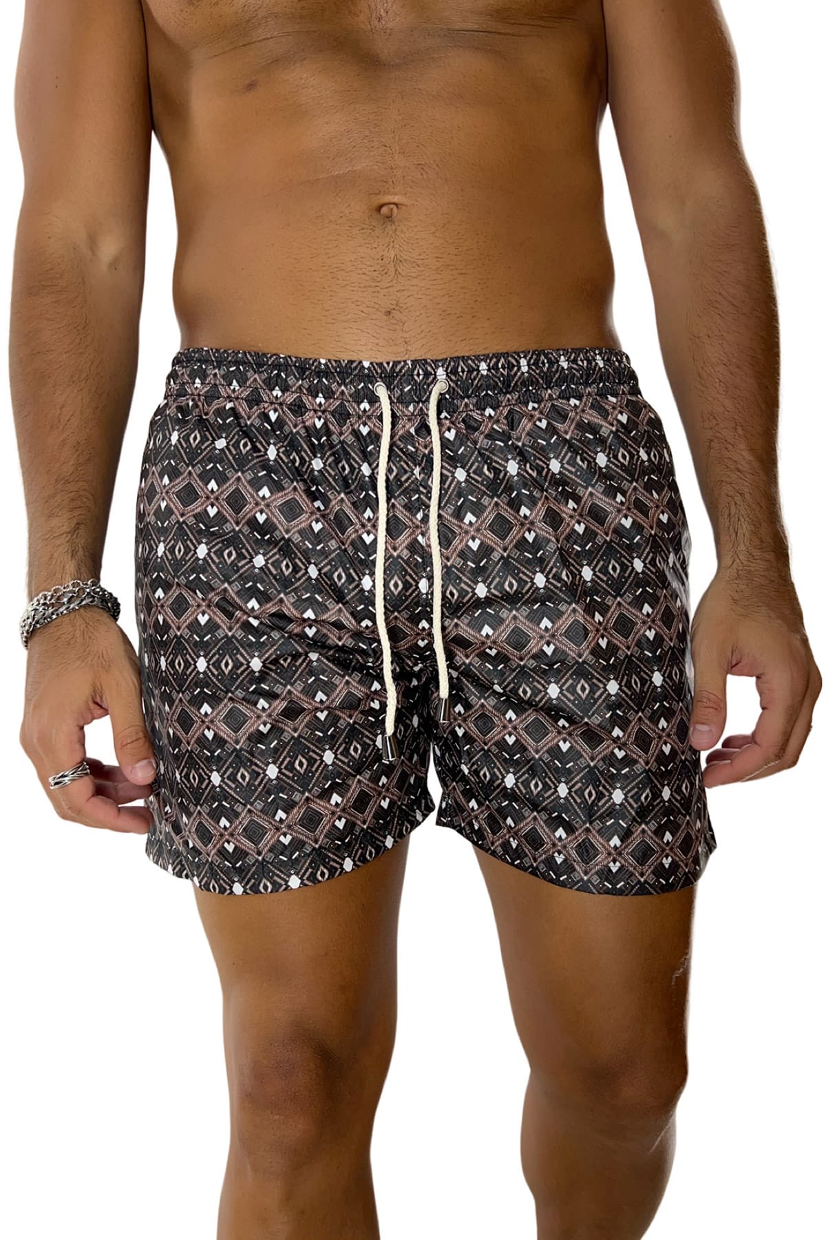 Costume da mare uomo marrone fantasia egizia con tasche laterali a filo e laccio regolabile