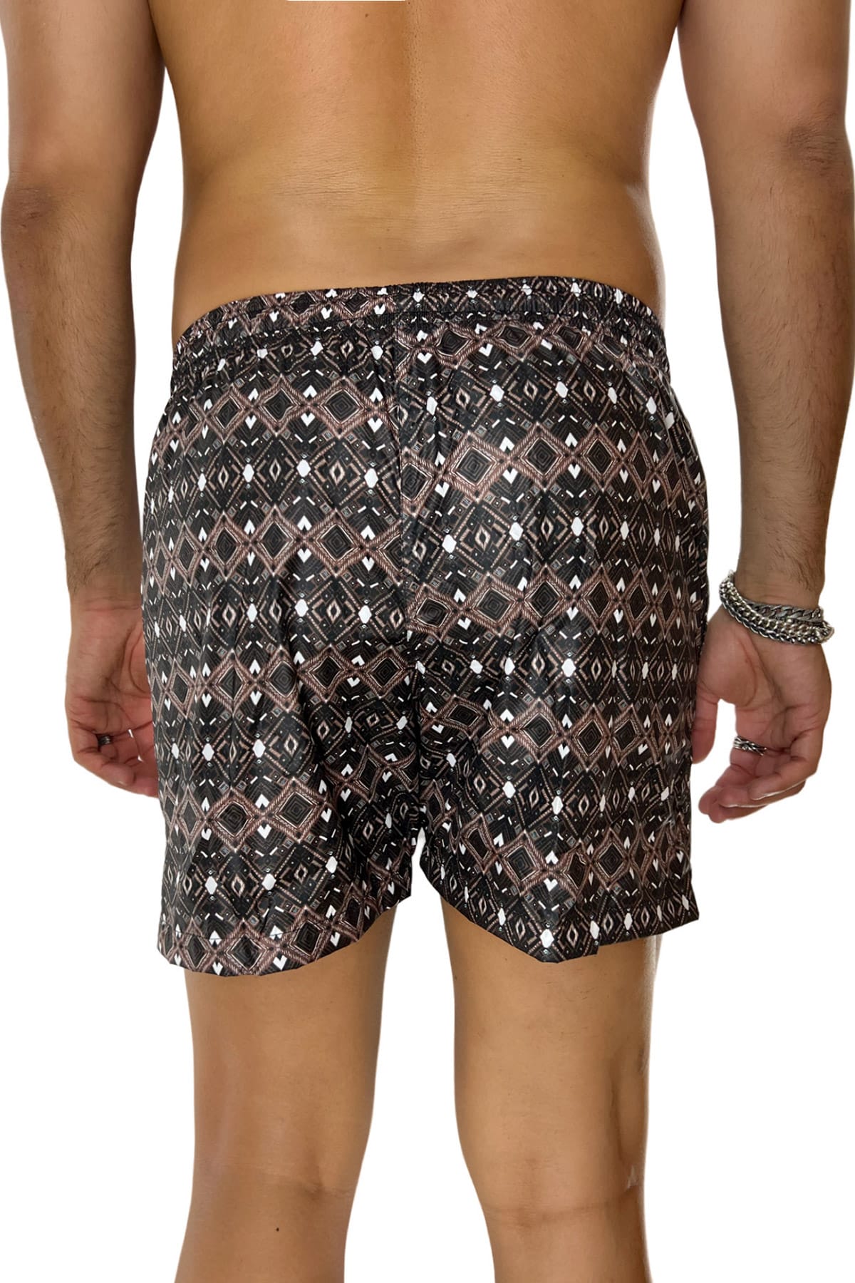 Costume da mare uomo marrone fantasia egizia con tasche laterali a filo e laccio regolabile
