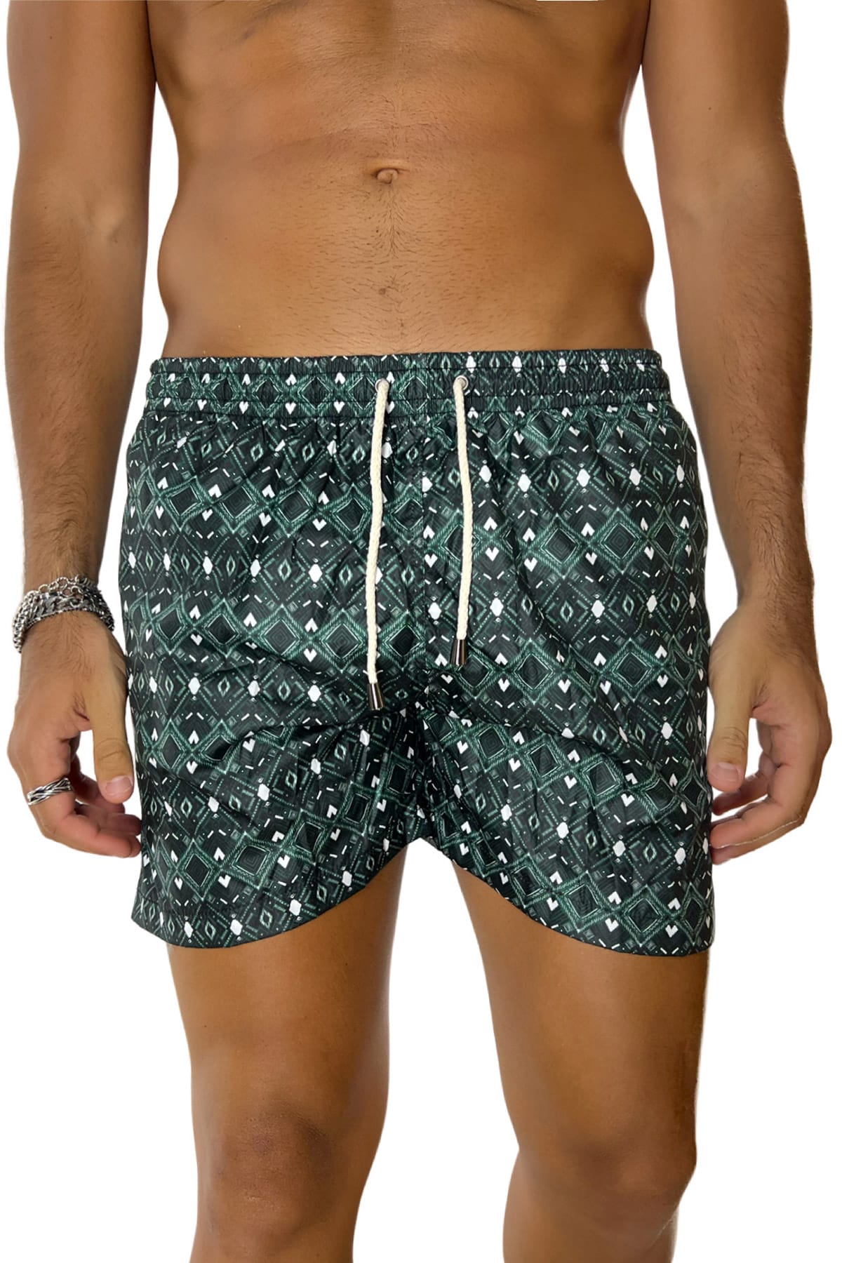 Costume da mare uomo verde scuro fantasia egizia con tasche laterali a filo e laccio regolabile