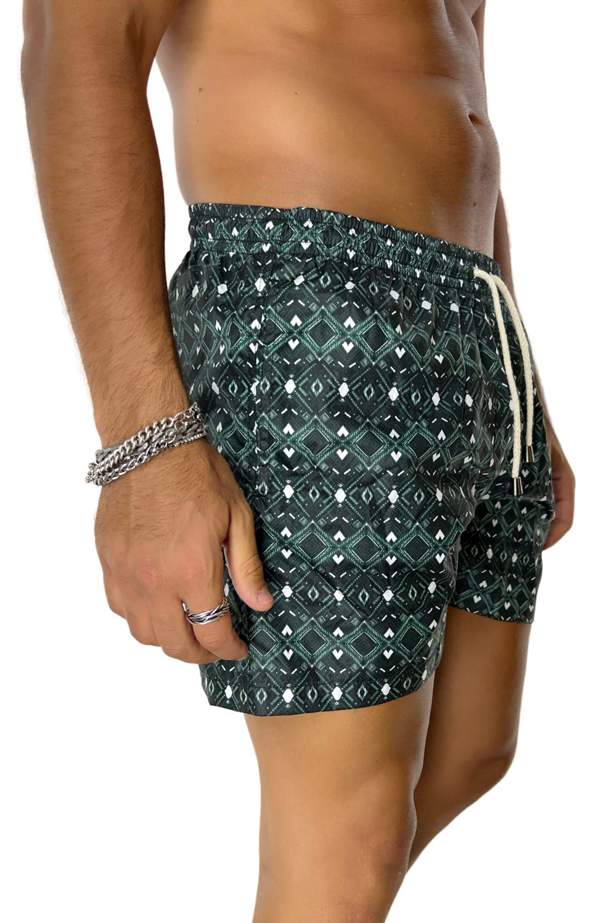 Costume da mare uomo verde scuro fantasia egizia con tasche laterali a filo e laccio regolabile