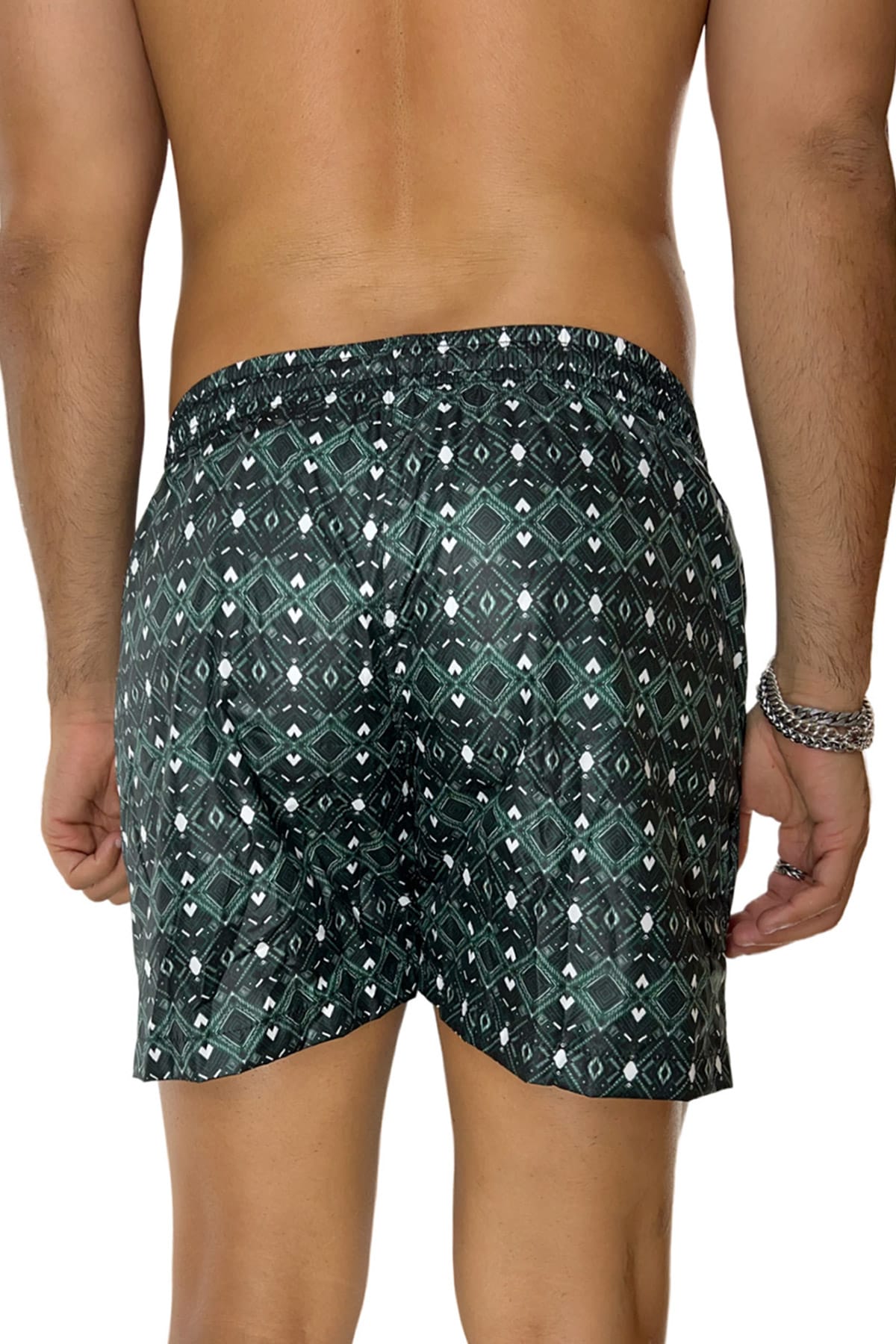 Costume da mare uomo verde scuro fantasia egizia con tasche laterali a filo e laccio regolabile