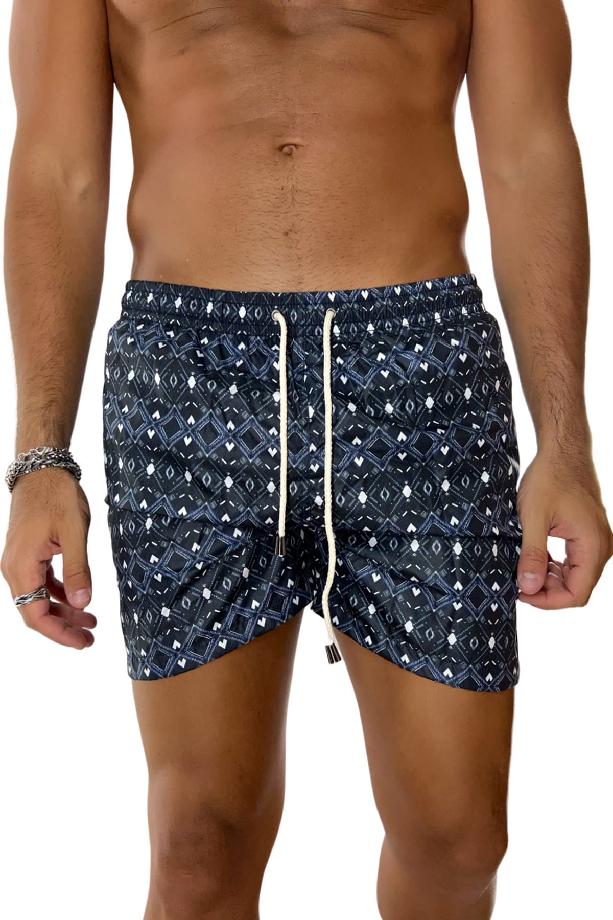 Costume da mare uomo blu fantasia egizia con tasche laterali a filo e laccio regolabile