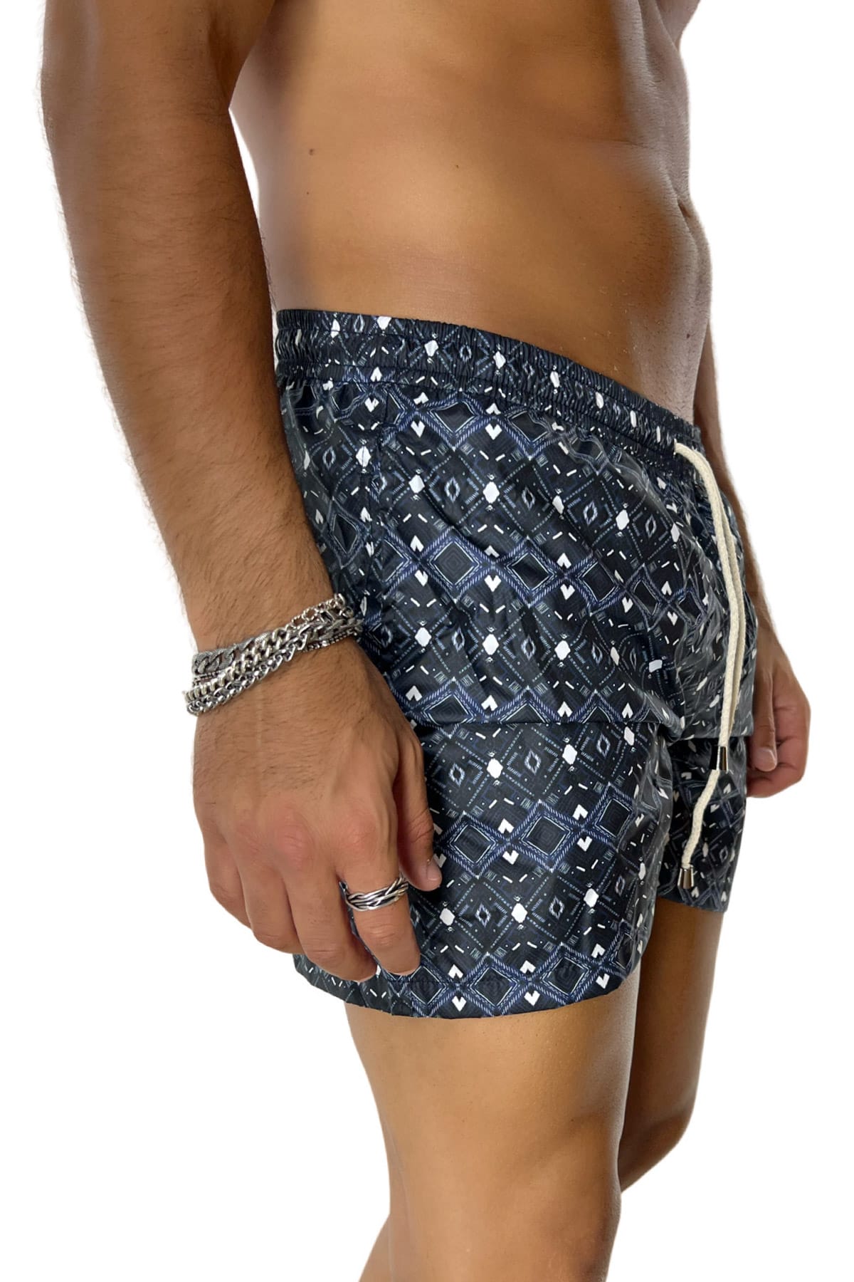 Costume da mare uomo blu fantasia egizia con tasche laterali a filo e laccio regolabile