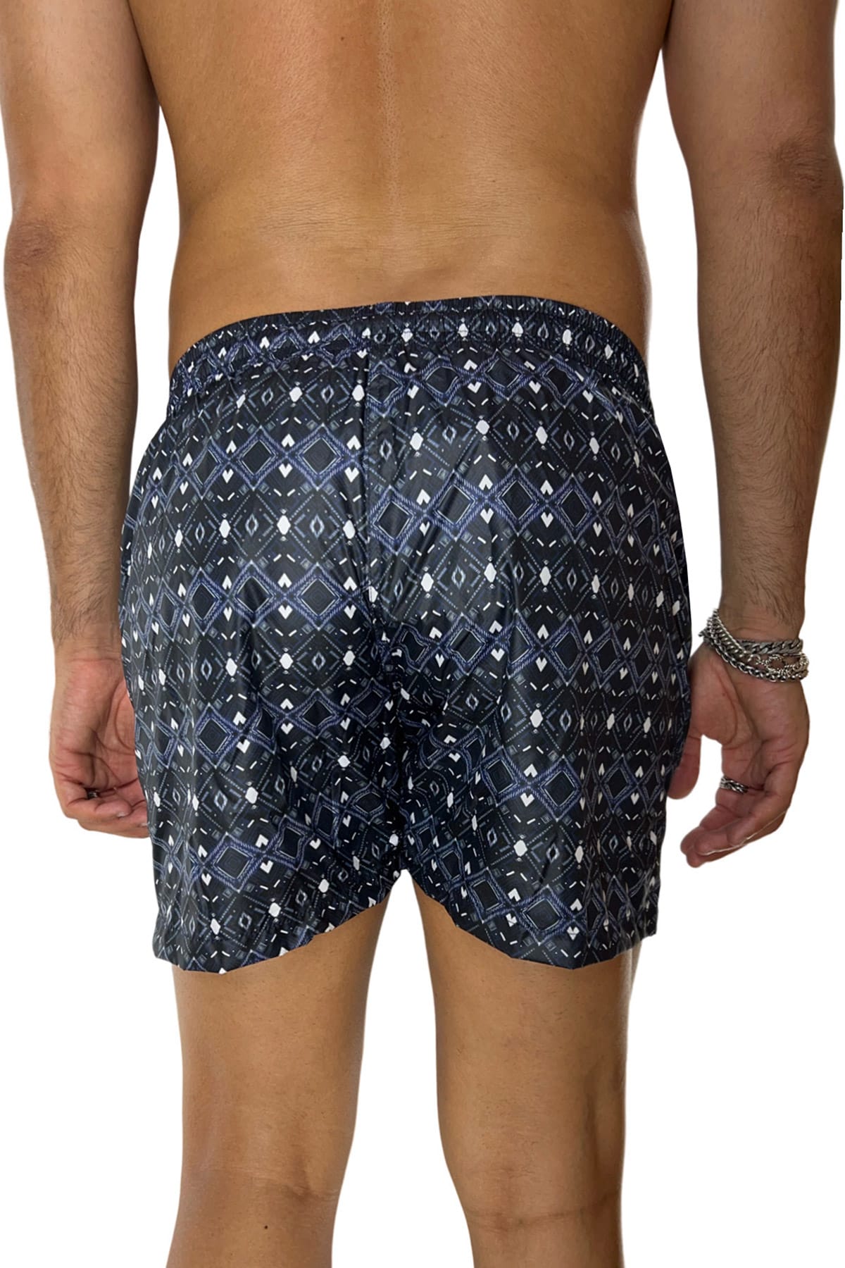 Costume da mare uomo blu fantasia egizia con tasche laterali a filo e laccio regolabile