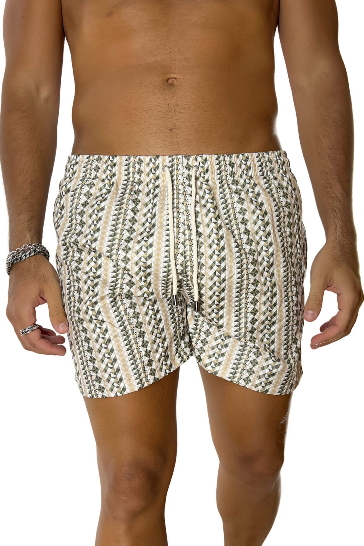 Costume da mare uomo verde militare fantasia geometrica con tasche laterali a filo e laccio regolabile