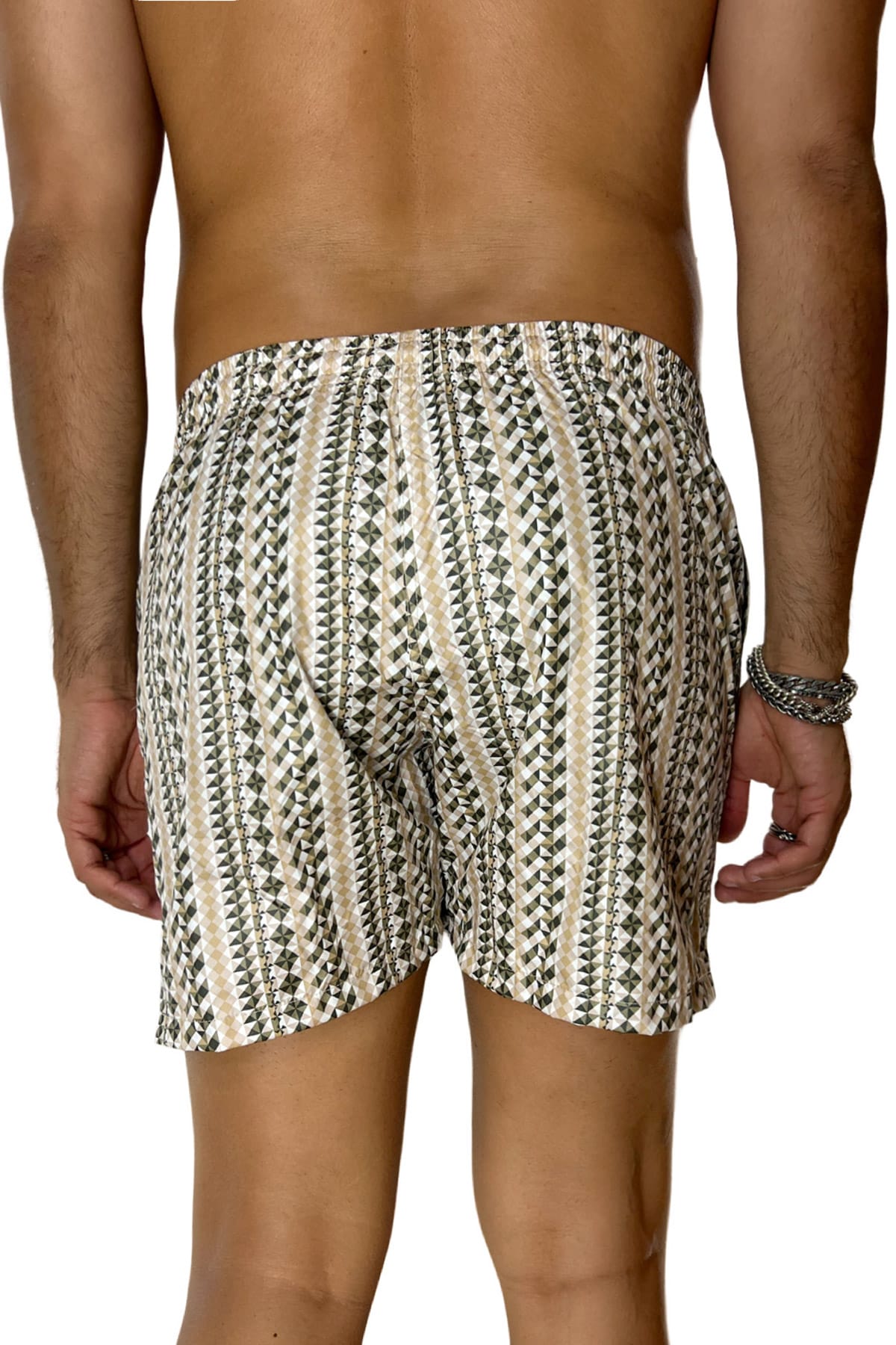 Costume da mare uomo verde militare fantasia geometrica con tasche laterali a filo e laccio regolabile